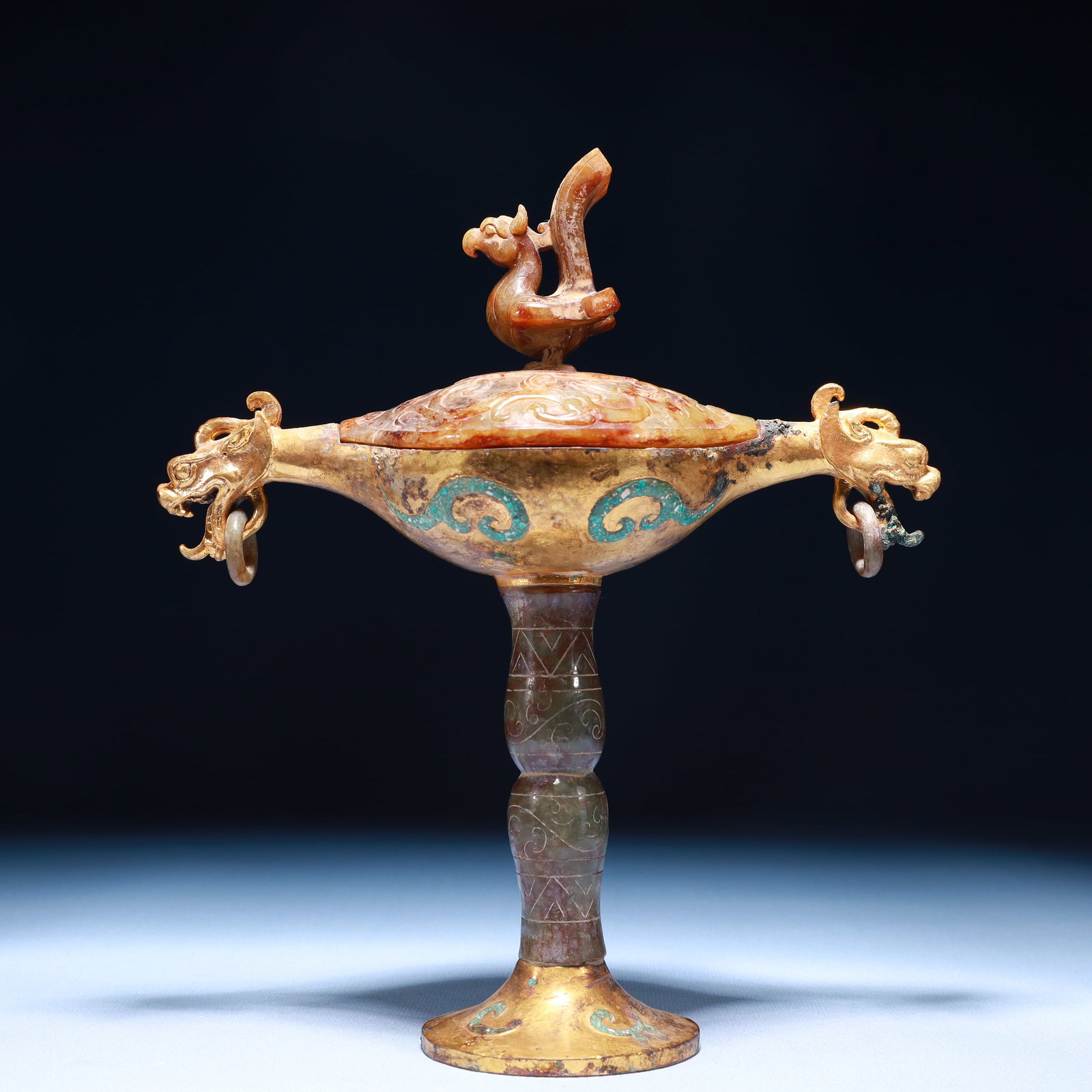 An Exquisite Gilt Bronze Inlaid White Jade Censer: An Exquisite Gilt Bronze Inlaid White Jade Censer,the Warring States period in China,Size:7.9inx3.5inx8.7in,Weight:750g 铜鎏金嵌白玉香炉,中国