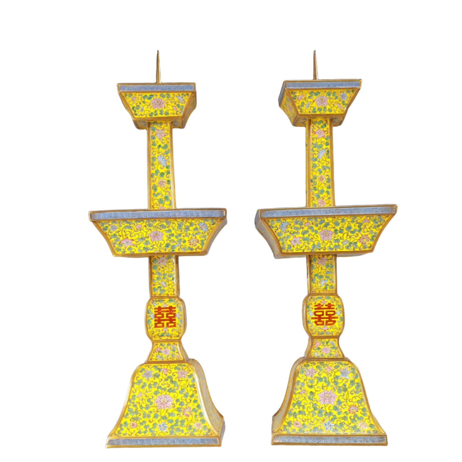 A Pair of Rare Painted Enamel Lotus Pattern Candlesticks (1 of 13)