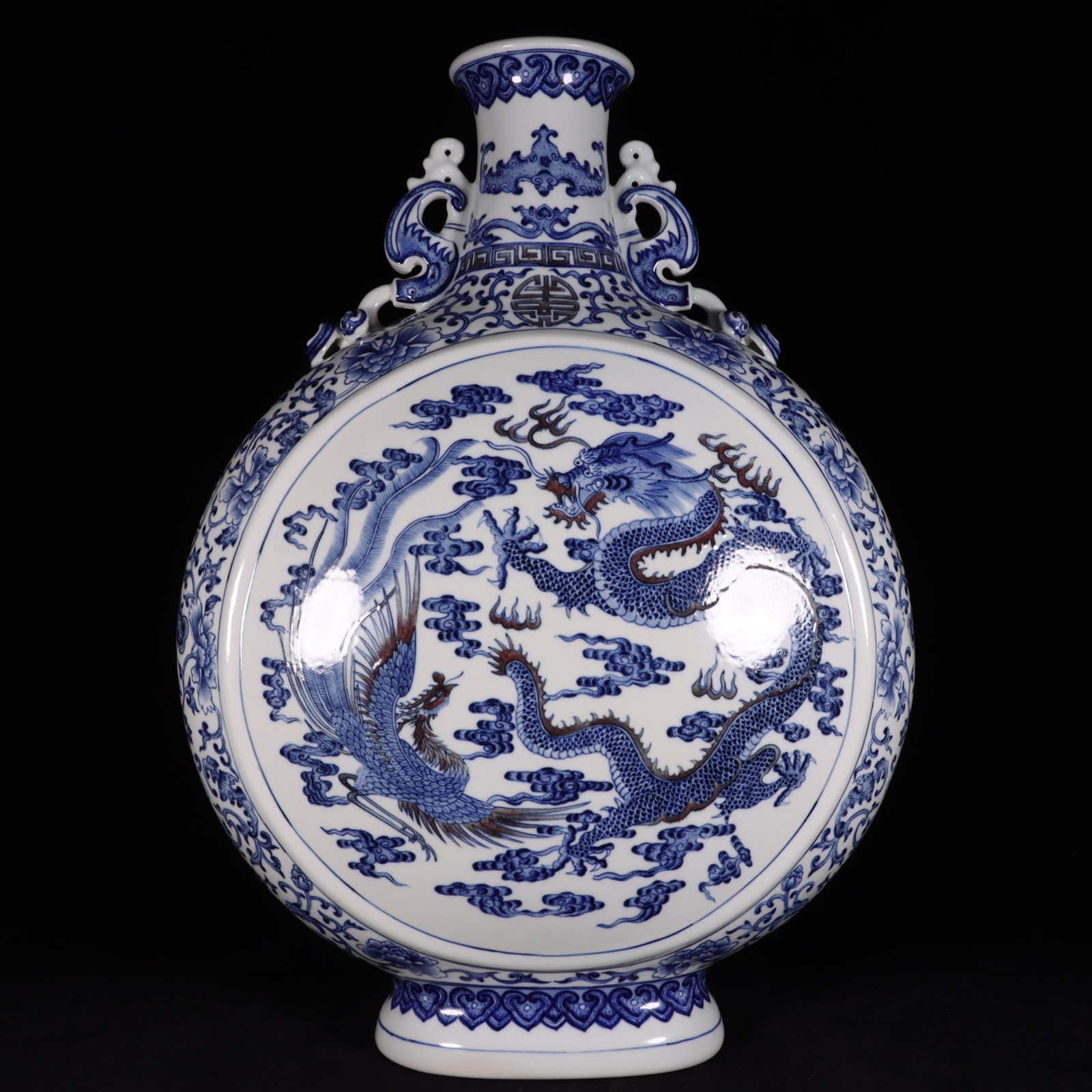 A Huge Blue and White Underglaze-Red Auspicious Cloud,Dragon and Phoenix Pattern Double-Ears Vase: A Huge Blue and White Underglaze-Red Auspicious Cloud,Dragon and Phoenix Pattern Double-Ears Vase,Qing Dynasty, China,Qianlong Six-character Mark,Size:22.8inx16.9in