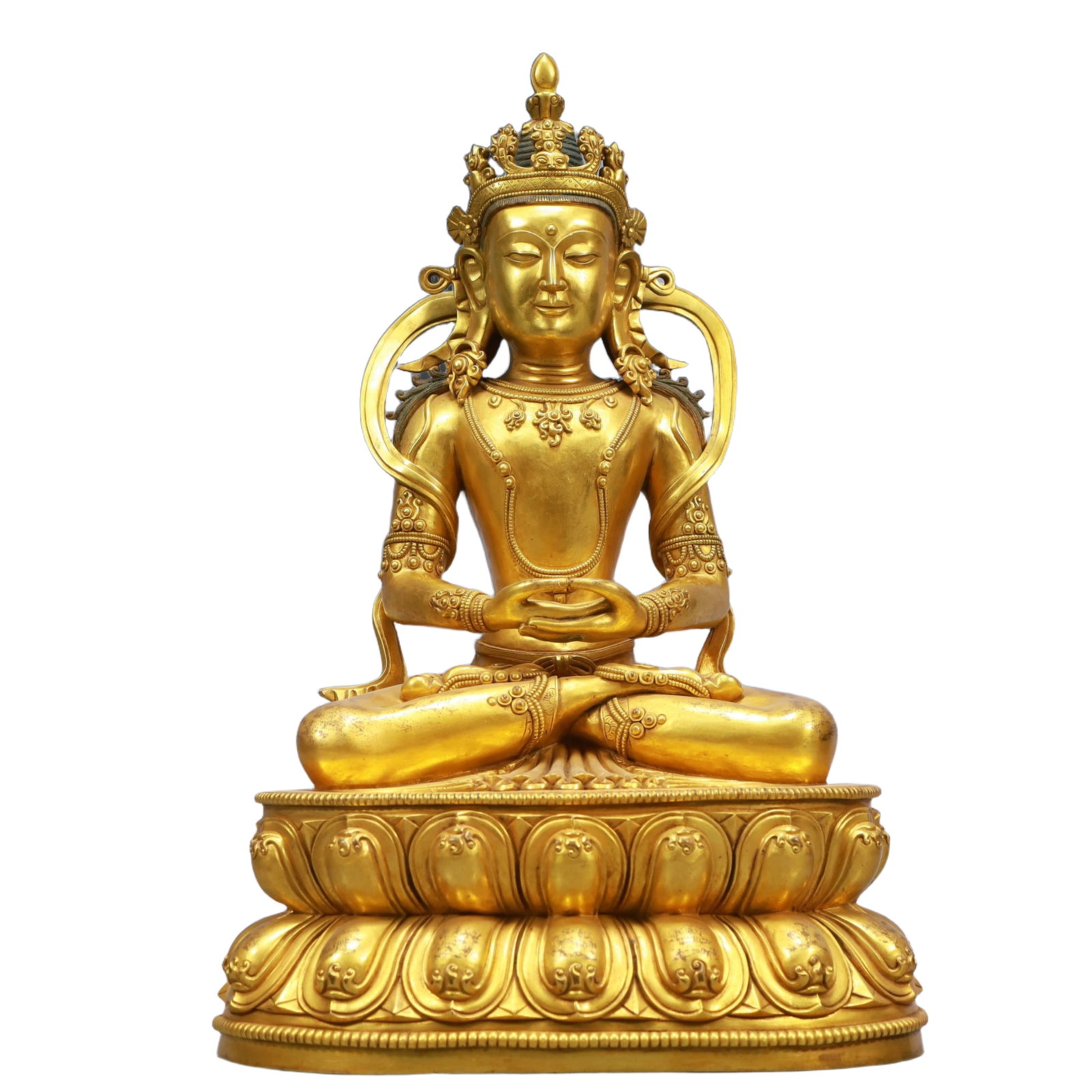 A Solemn Gilt Bronze Statue of Amitayus: A Solemn Gilt Bronze Statue of Amitayus,Qing Dynasty, China,Kangxi Mark,Size:10.6inx7.9inx17.7in,Weight:13651g 铜鎏金无量寿佛像,中国清