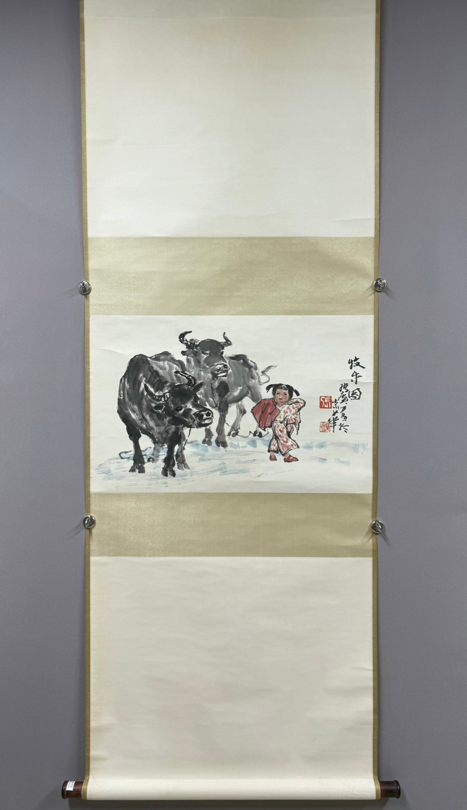 A Chinese Vertical Scroll Ink Painting of Figure and Buffalo on Paper,Zhang Guang: A Chinese Vertical Scroll Ink Painting of Figure and Buffalo on Paper,Zhang Guang,Size:16.9inx27.2in 一幅中国水墨人物牛图立轴,&#