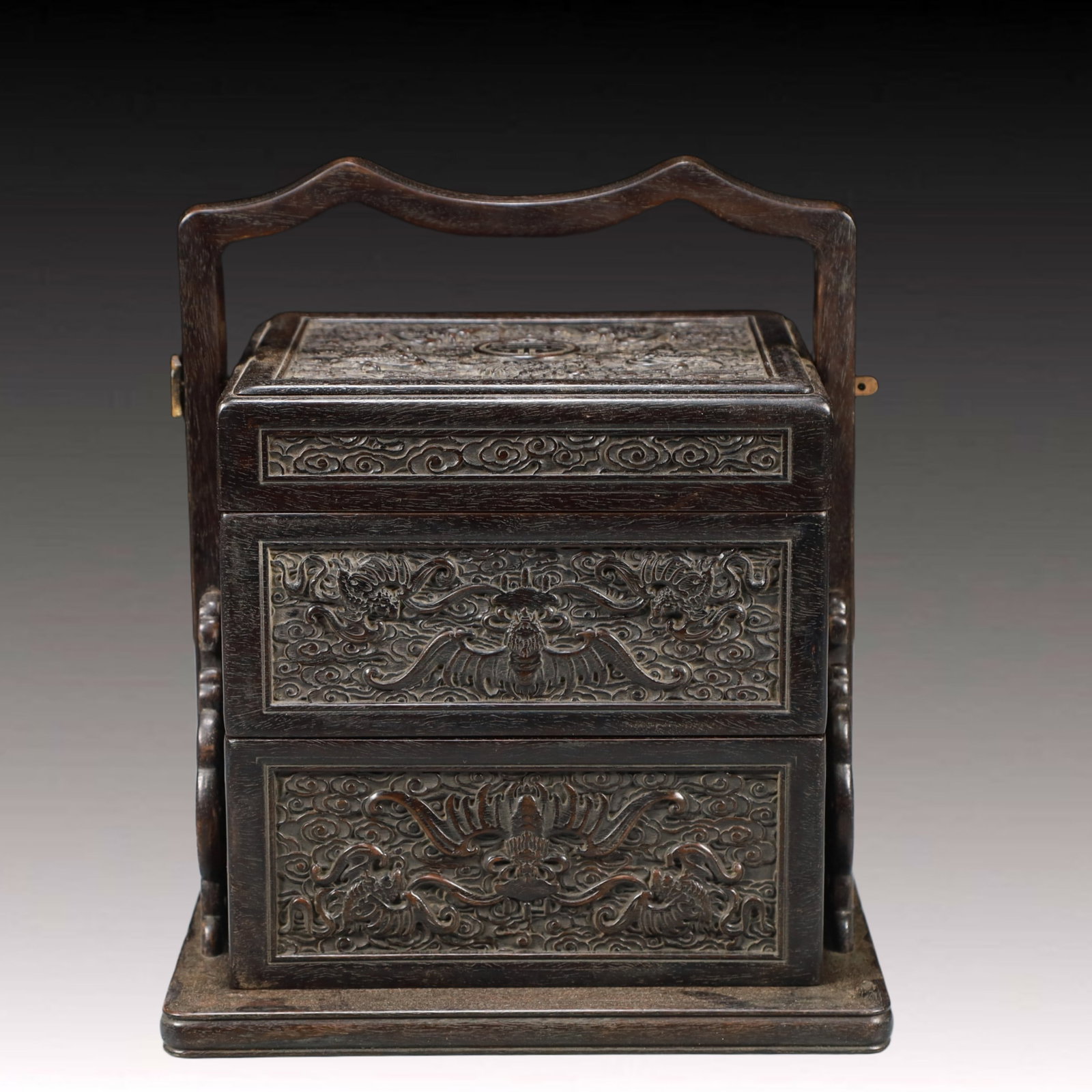 An Exquisite Zitanwood Bats and Peach Pattern Box: An Exquisite Zitanwood Bats and Peach Pattern Box,Qing Dynasty, China,Size:8.7inx7.5inx10.2in,Weight:1900g