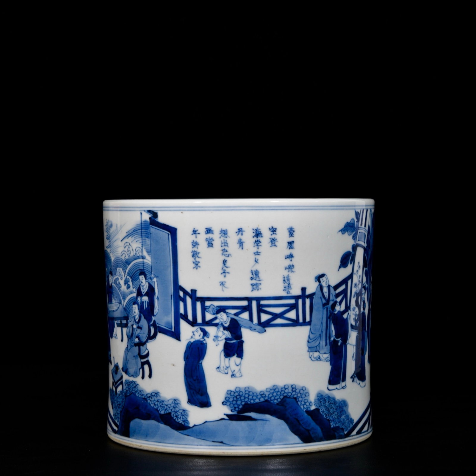 An Exquisite Blue and White Character and Story Pattern Brush Pot,With Poem: An Exquisite Blue and White Character and Story Pattern Brush Pot,With Poem,Qing Dynasty,China,Kangxi Six-character Mark,Size:6.9inx7.5in