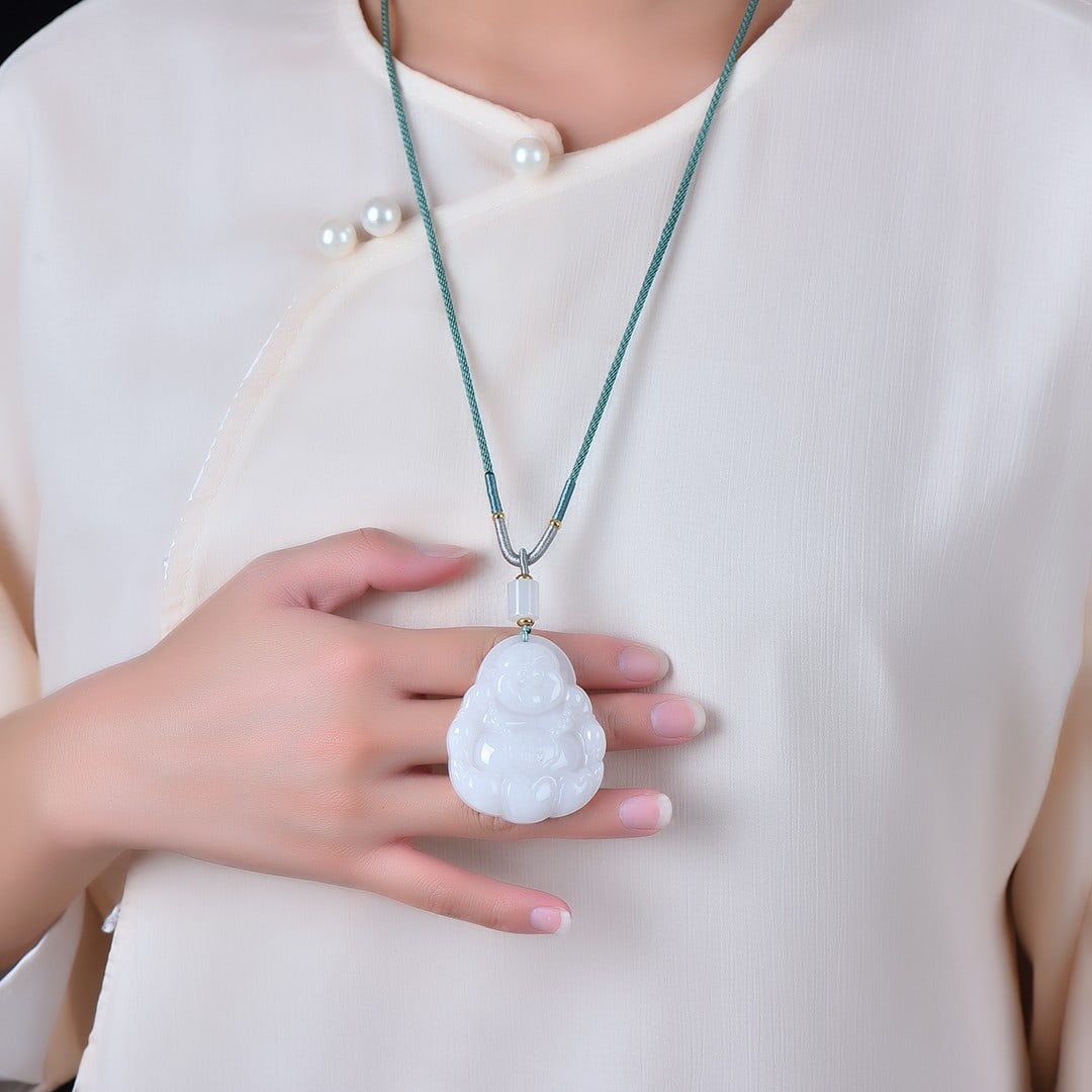 An Exquisite Jadeite Statue of Maitreya Buddha Pendant: An Exquisite Jadeite Statue of Maitreya Buddha Pendant,Size:44mmx53mm 翡翠弥勒佛挂件