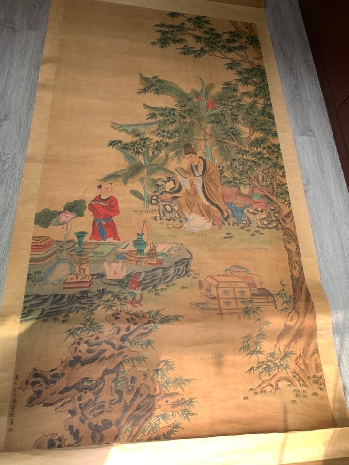 A Chinese Vertical Scroll Ink Painting of Character and Story on Silk,Li Di: A Chinese Vertical Scroll Ink Painting of Character and Story on Silk,Li Di,Size:89.8inx46.1in