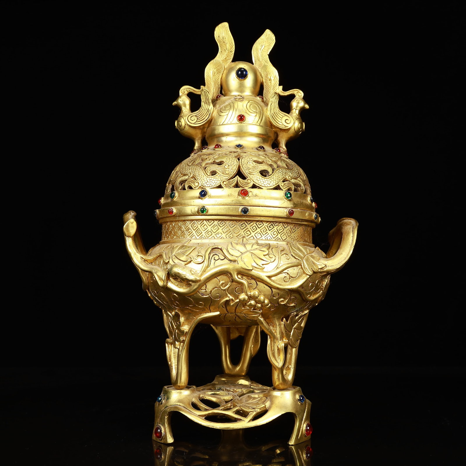 An Exquisite Gilt Bronze Dragon and Phoenix Pattern Double-Ears and Tripod Censer,Inlaid Gems: An Exquisite Gilt Bronze Dragon and Phoenix Pattern Double-Ears and Tripod Censer,Inlaid Gems,Qing Dynasty, China,Qianlong Four-Character Mark,Size:6.7inx12.2in,Weight:2000g