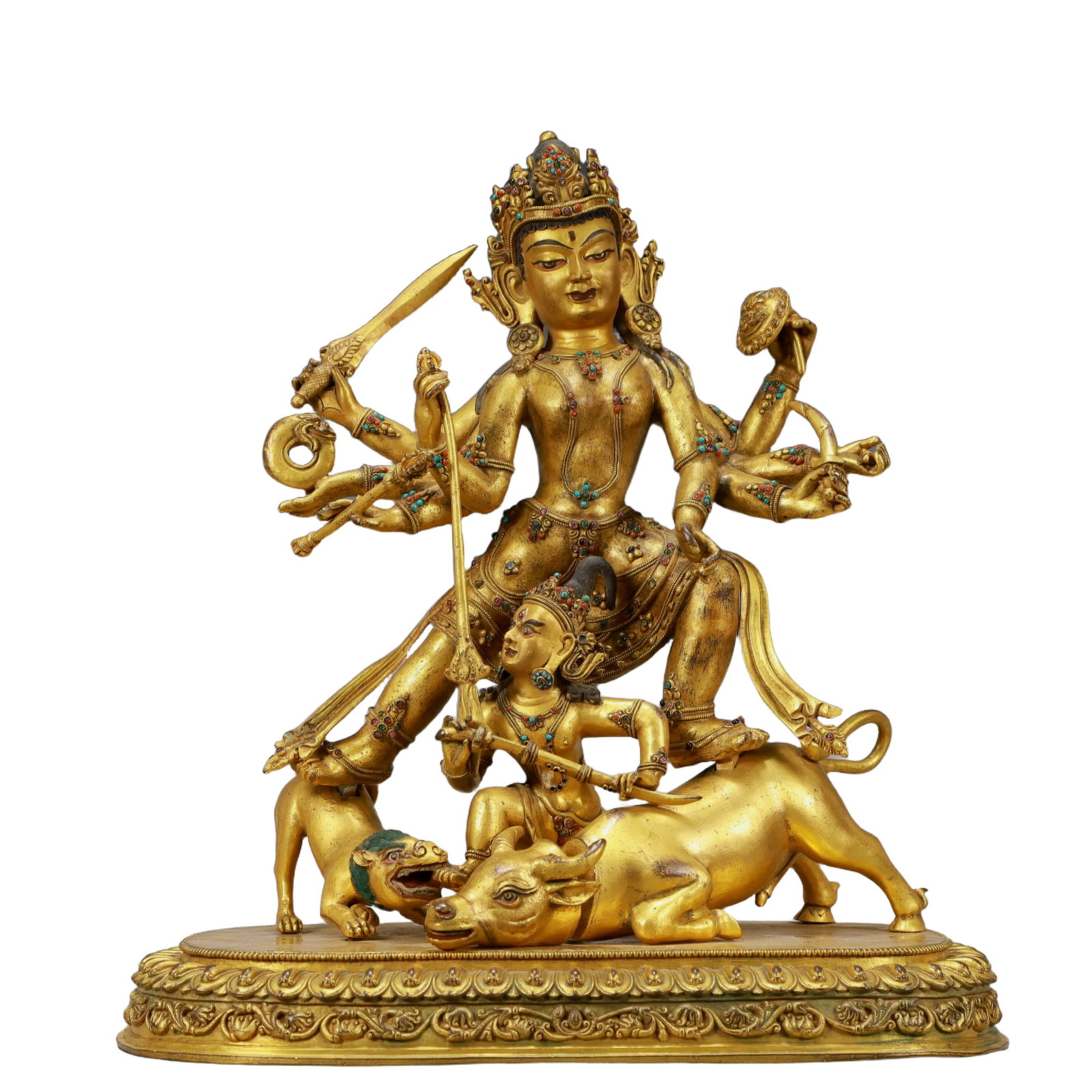A Solemn Gilt Bronze Statue of Manjusri,Inlaid Turquoise: A Solemn Gilt Bronze Statue of Manjusri,Inlaid Turquoise,Ming Dynasty, China,Xuande Six-character Mark,Size:13.8inx7.5inx15in,Weight:9850g 铜鎏金文殊菩萨Î