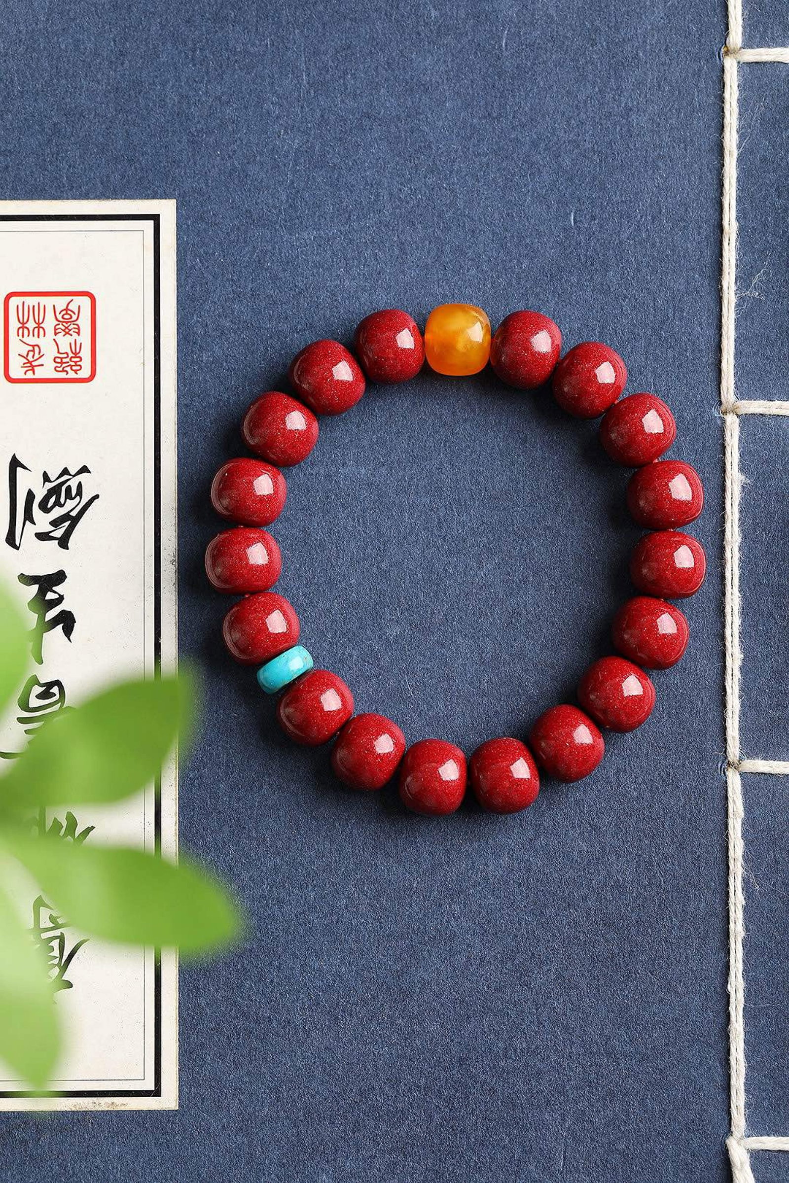 An Exquisite Cinnabar Bracelets,With Turquoise Beeswax: An Exquisite Cinnabar Bracelets,With Turquoise Beeswax,Size:11.5mmx10mm 朱砂手串,配绿松石蜜蜡