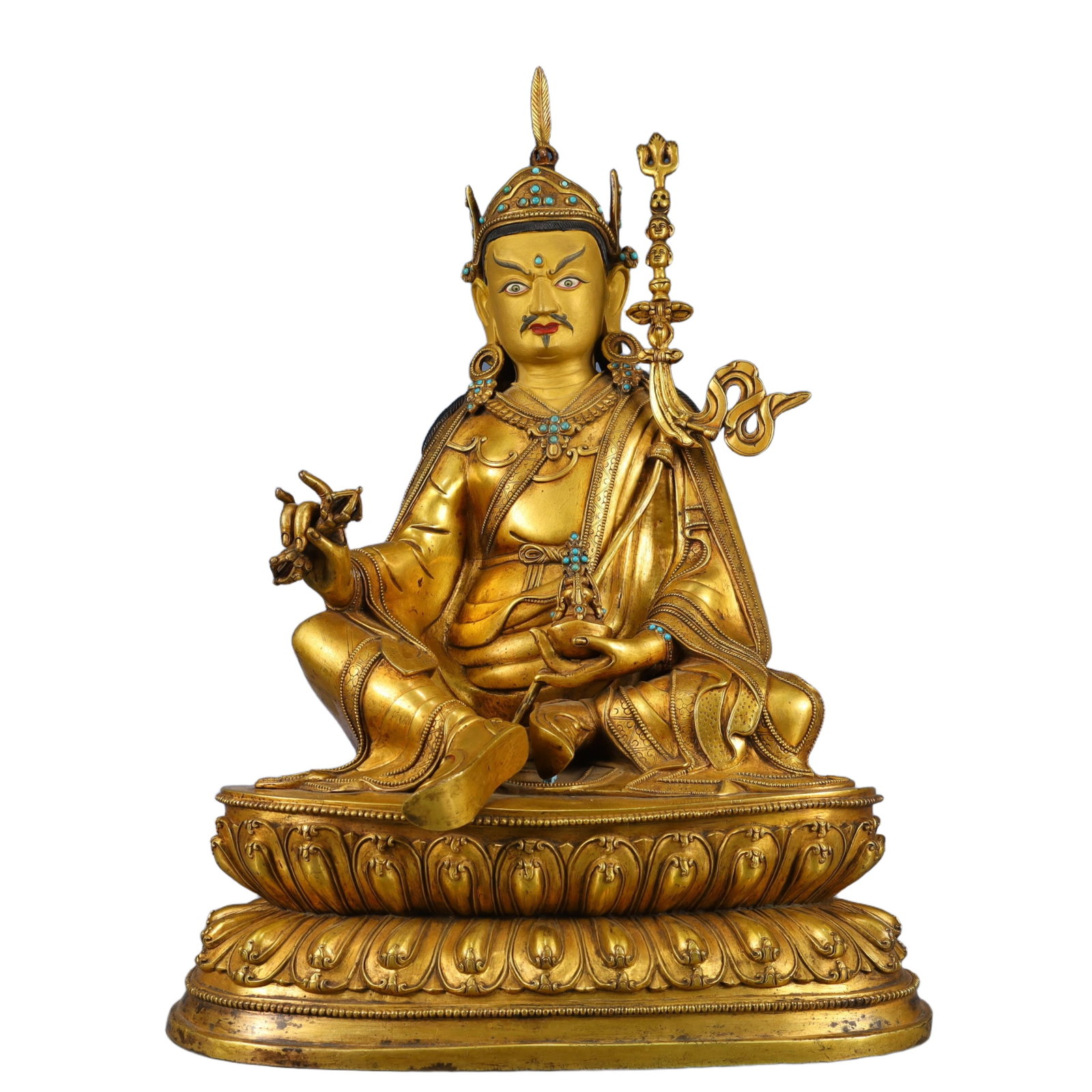 A Solemn Gilt Bronze Statue of Padma Sambhava,Inlaid Turquoise: A Solemn Gilt Bronze Statue of Padma Sambhava,Inlaid Turquoise,Qing Dynasty, China,Size:12.6inx6.7inx18.5in,Weight:9250g 铜鎏金莲花生大士像,॔