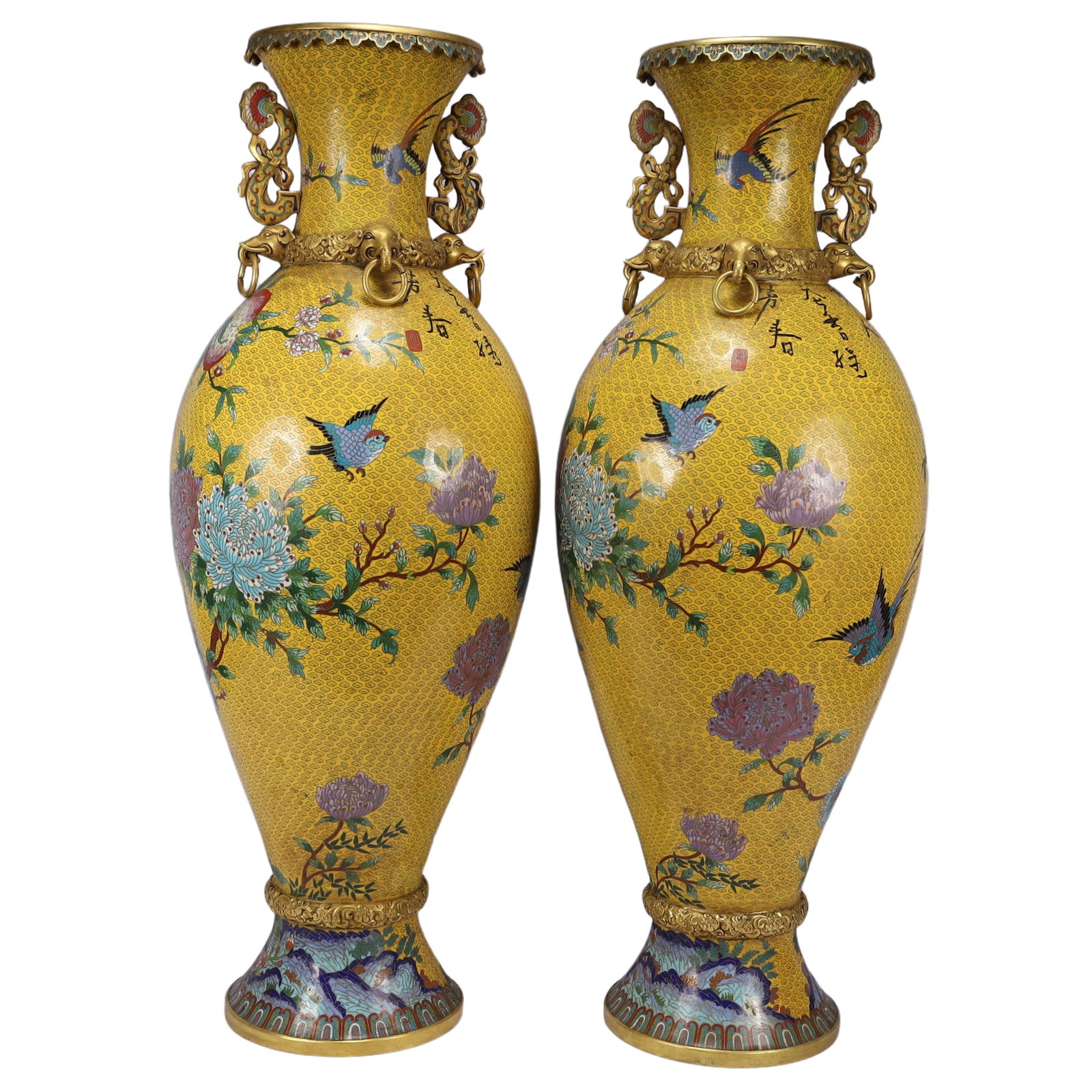 A Pair of Huge Cloisonne Flower and Bird Pattern Double-Ears Vases (1 of 17)