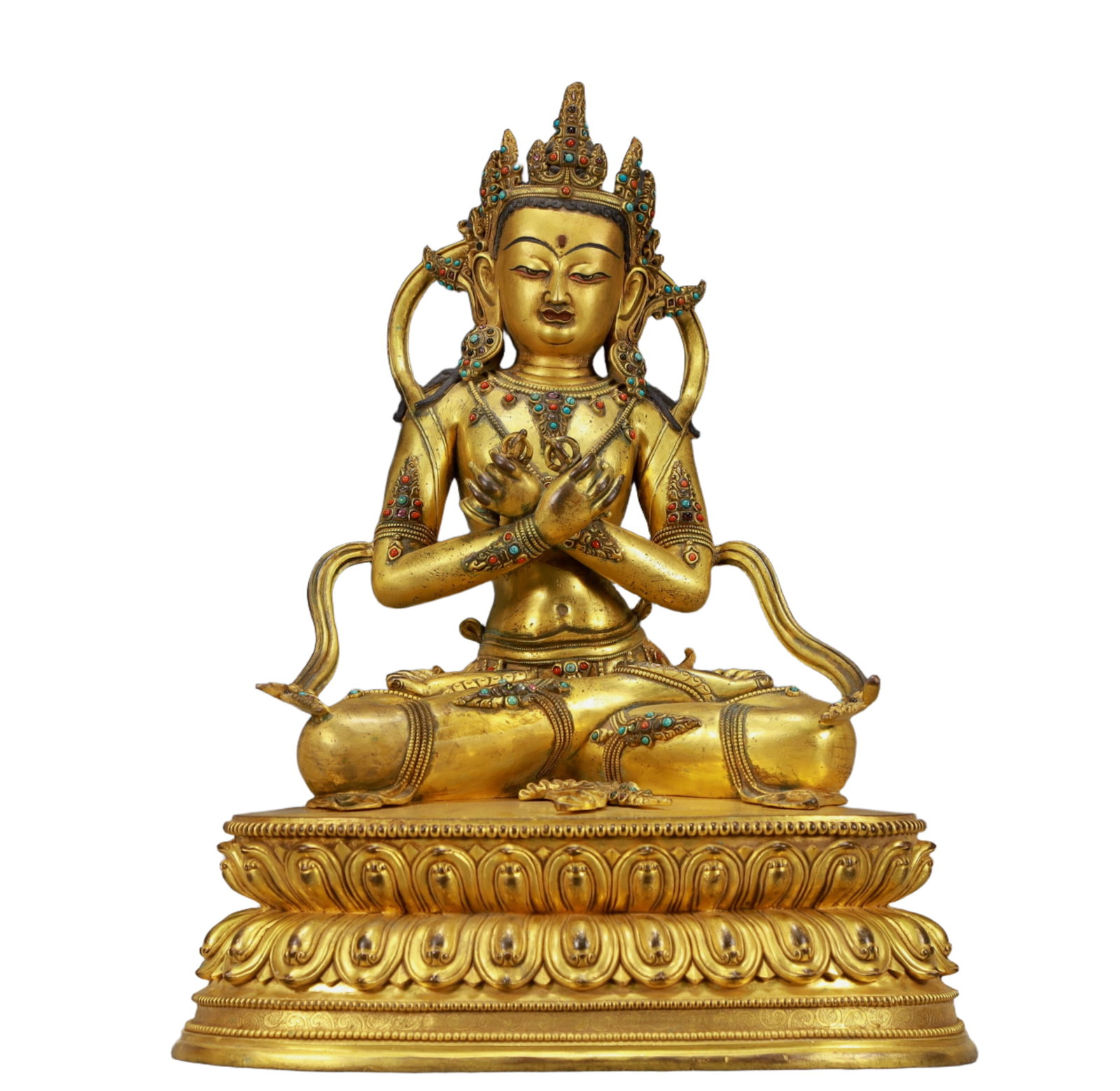 A Solemn Gilt Bronze Statue of Bodhisattva,Inlaid Turquoise: A Solemn Gilt Bronze Statue of Bodhisattva,Inlaid Turquoise,Ming Dynasty, China,Size:13.4inx10.6inx18.1in,Weight:14550g