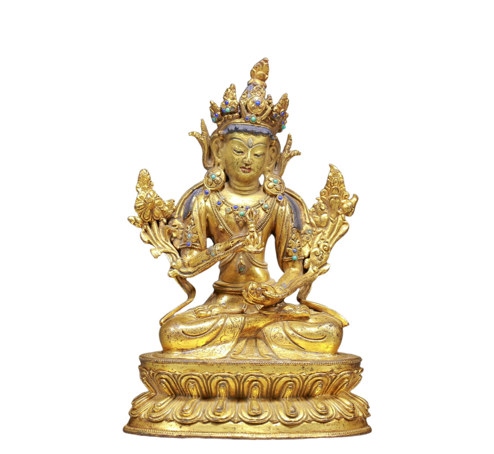 A Solemn Gilt Bronze Inlaid Turquoise Statue of Manjusri: A Solemn Gilt Bronze Inlaid Turquoise Statue of Manjusri,Ming Dynasty, China,Size:2.8inx2inx5.5in,Weight:590g