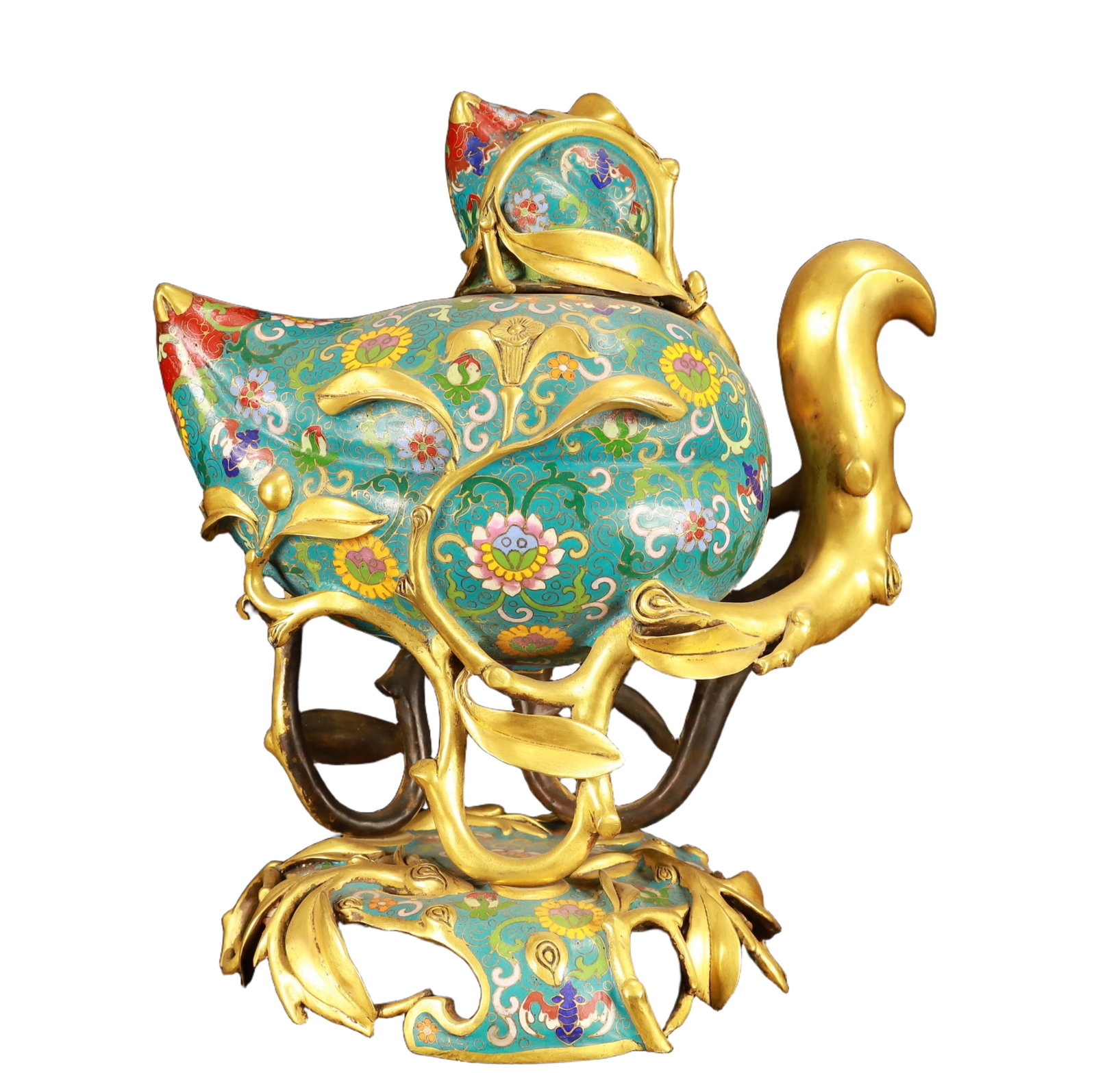 A Rare Cloisonne Bats and Peach Pattern Censer: A Rare Cloisonne Bats and Peach Pattern Censer,(A type of enamelware with metal wires separating colored glaze, originating in China),Qing Dynasty,China,Qianlong Four-character Mark,Size:11inx7.9inx12