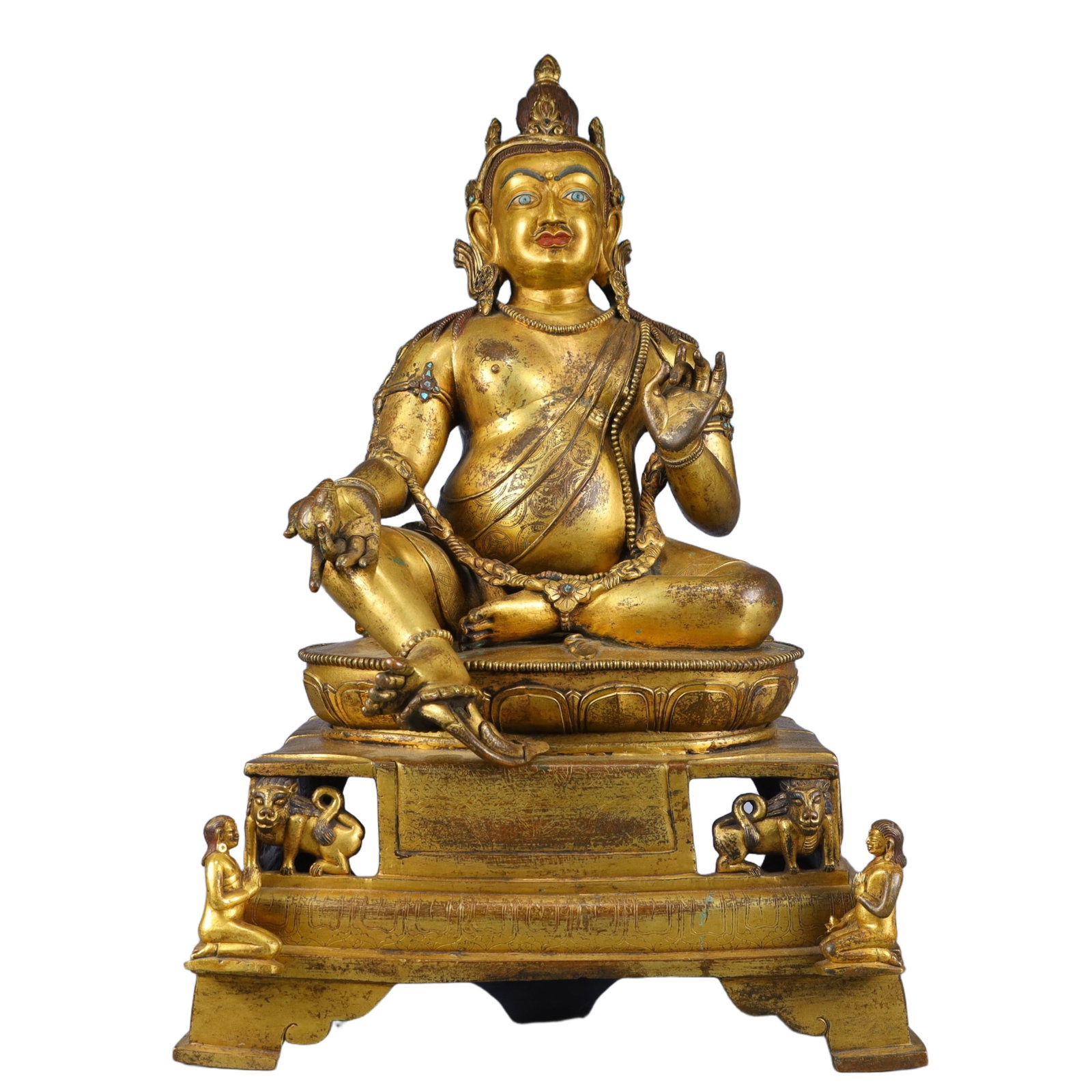 A Solemn Gilt Bronze Statue of Mammon,Inlaid Turquoise,With Inscription,With Base: A Solemn Gilt Bronze Statue of Mammon,Inlaid Turquoise,With Inscription,With Base,Qing Dynasty, China,Size:13inx9.4inxcmx20.1in,Weight:15450g 铜鎏金财神像,嵌&
