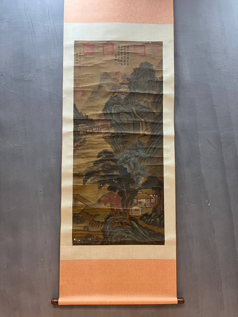 A Chinese Vertical Scroll Ink Painting of Landscape on Silk,Su Shi: A Chinese Vertical Scroll Ink Painting of Landscape on Silk,Su Shi,Size:(Without frame)55.1inx24.4in