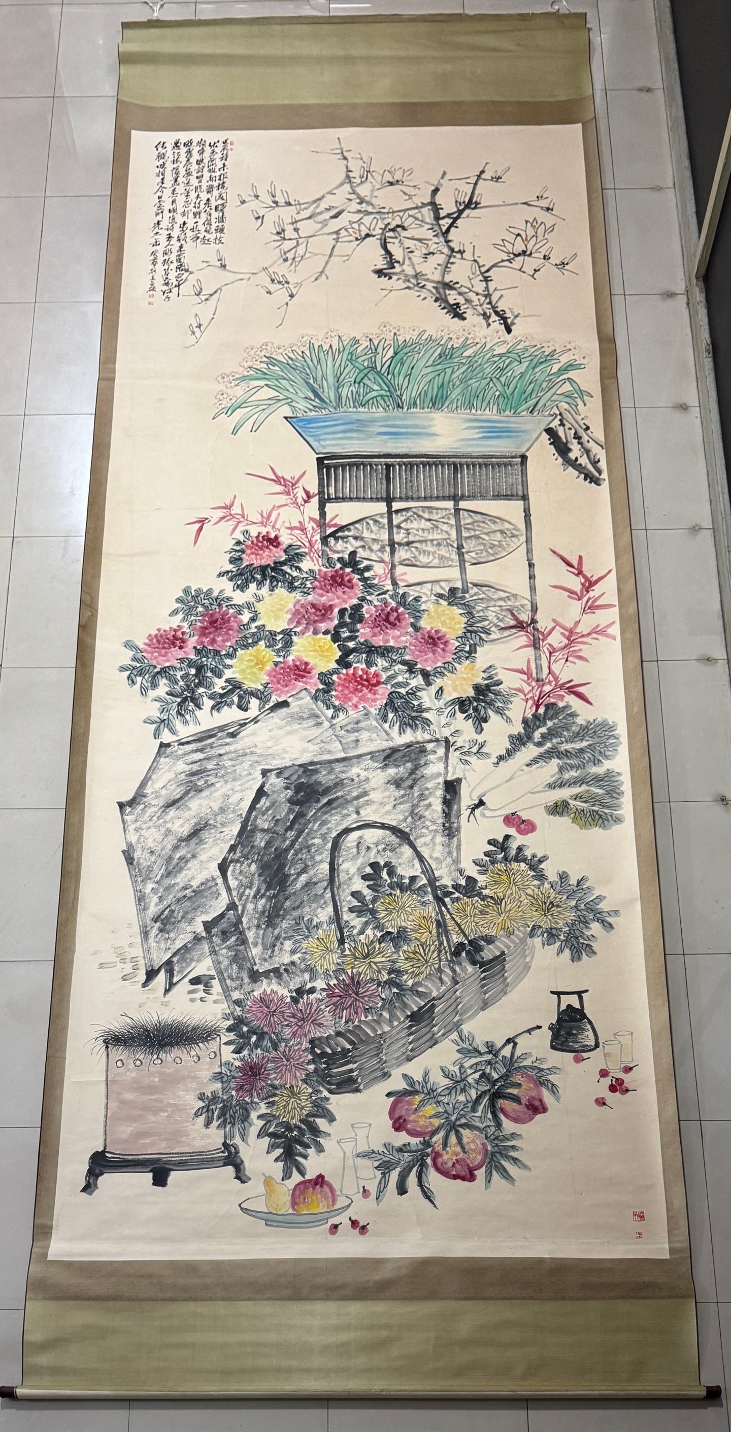 A Chinese Vertical Scroll Ink Painting of Flower and Fruit on Paper,Wu Changshuo: A Chinese Vertical Scroll Ink Painting of Flower and Fruit on Paper,Wu Changshuo,Size:78.7inx196.8in 一幅中国水墨花果图立轴,吴&#