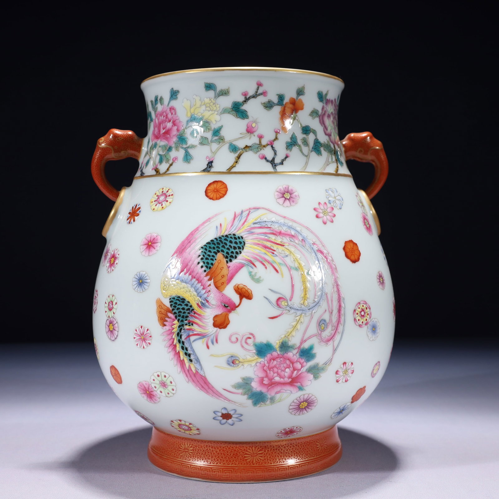 An Exquisite Famille-Rose Painted Gold Flower and Phoenix Pattern Double-Ears Vase: An Exquisite Famille-Rose Painted Gold Flower and Phoenix Pattern Double-Ears Vase,Qing Dynasty,China,Yongzheng Six-character Mark,Size:8.3inx9.8in,Weight:2250g 粉彩描金花