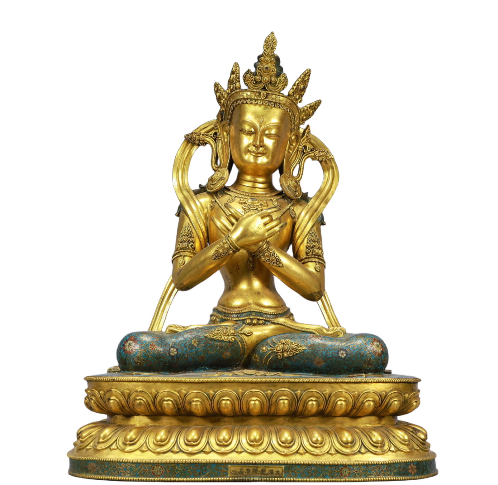 A Rare Cloisonne Statue of Avalokitesvara: A Rare Cloisonne Statue of Avalokitesvara,Qing Dynasty,China,Qianlong Mark,Size:18.1inx11.4inx22.8in,Weight:28250g 铜鎏金观音像,中国清代,