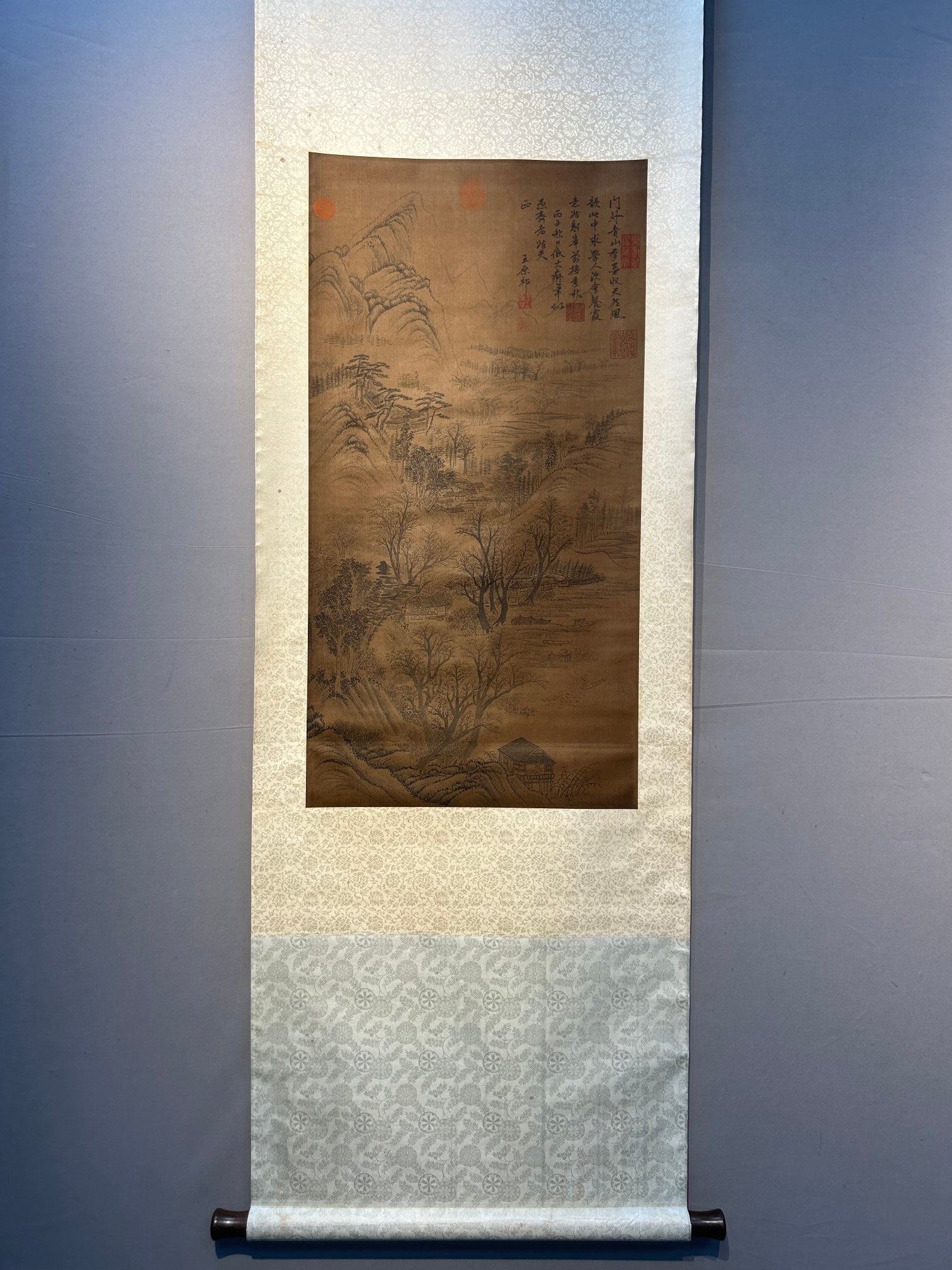A Chinese Vertical Scroll Ink Painting of Landscape on Silk,Wang Yuanqi: A Chinese Vertical Scroll Ink Painting of Landscape on Silk,Wang Yuanqi,Size:(Without frame)32.7inx16.9in 一幅中国水墨绢本山水画ే