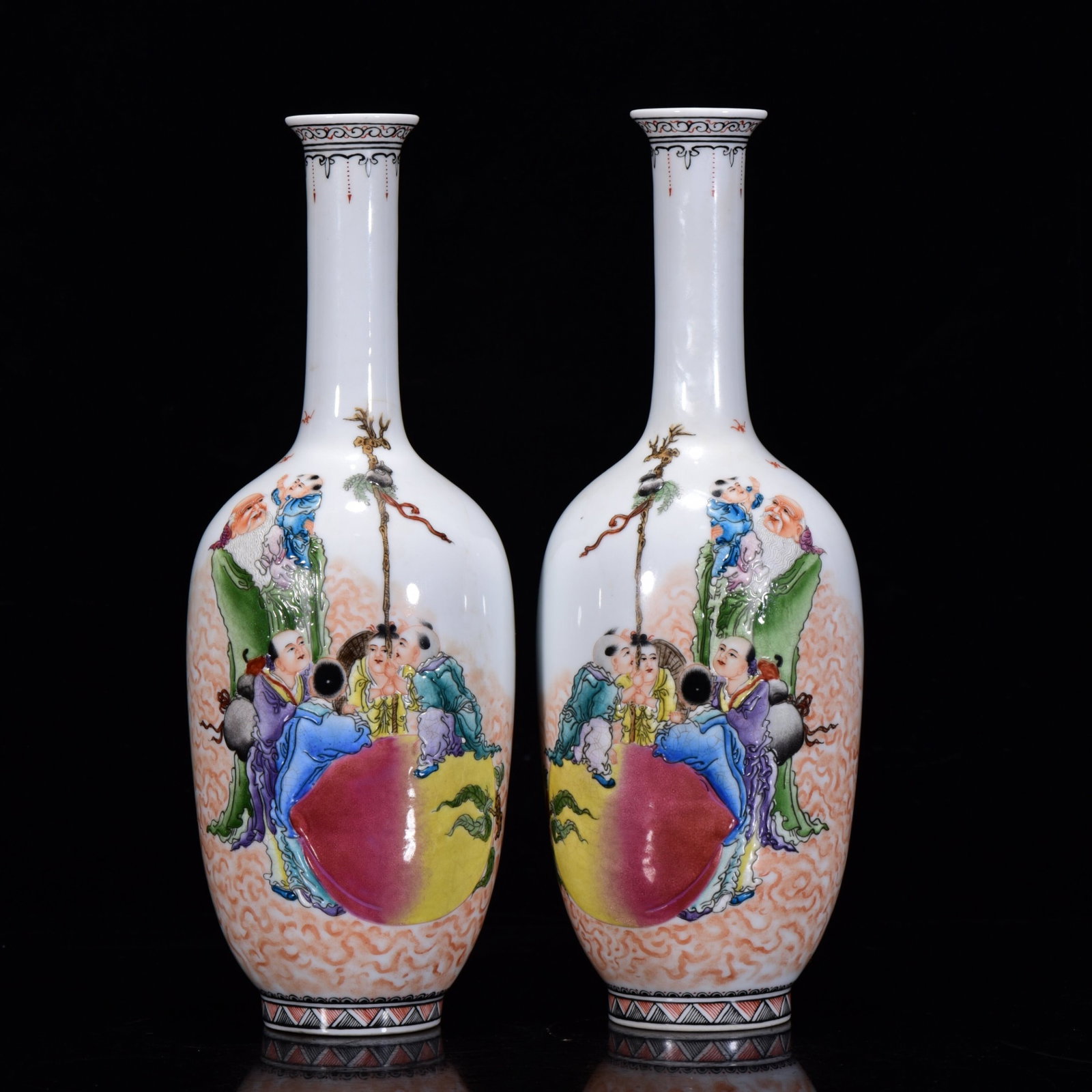 A Pair of Rare Famille-Rose Character and Story Pattern Vases,with poem: A Pair of Rare Famille-Rose Character and Story Pattern Vases,with poem,Qing Dynasty,China,Qianlong Six-character Mark,Size:12.2inx4.3in 一对粉彩人物故事