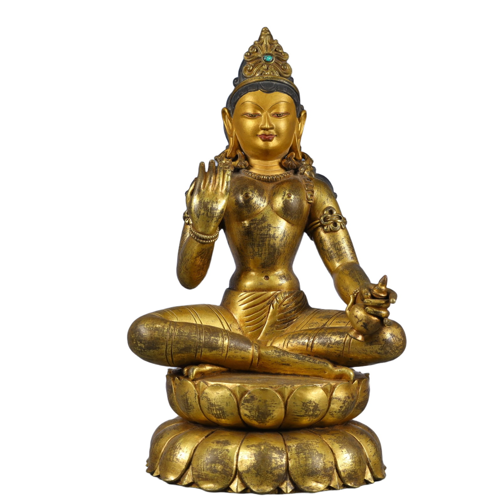 A Solemn Gilt Bronze Statue of Avalokitesvara,With Inscription: A Solemn Gilt Bronze Statue of Avalokitesvara,With Inscription,Qing Dynasty, China,Size:7.5inx6.9inx13in,Weight:5300g 铜鎏金观音像,带铭文,中