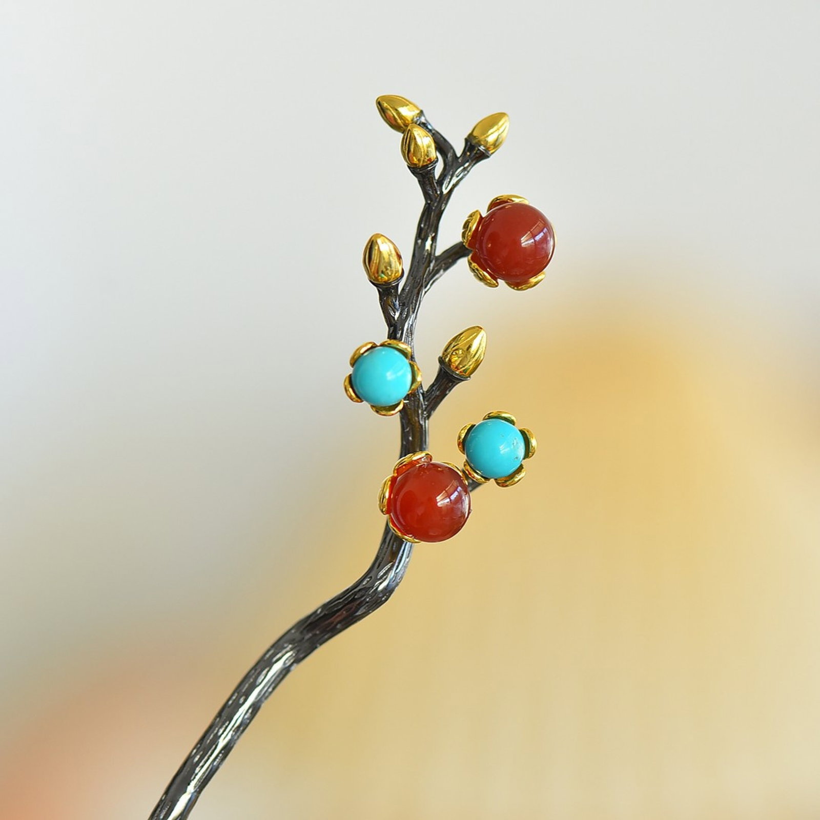 An Exquisite Sterling Silver-Gold Plated Inlaid Red Agate Hairpin,Inlaid Turquoise (1 of 5)