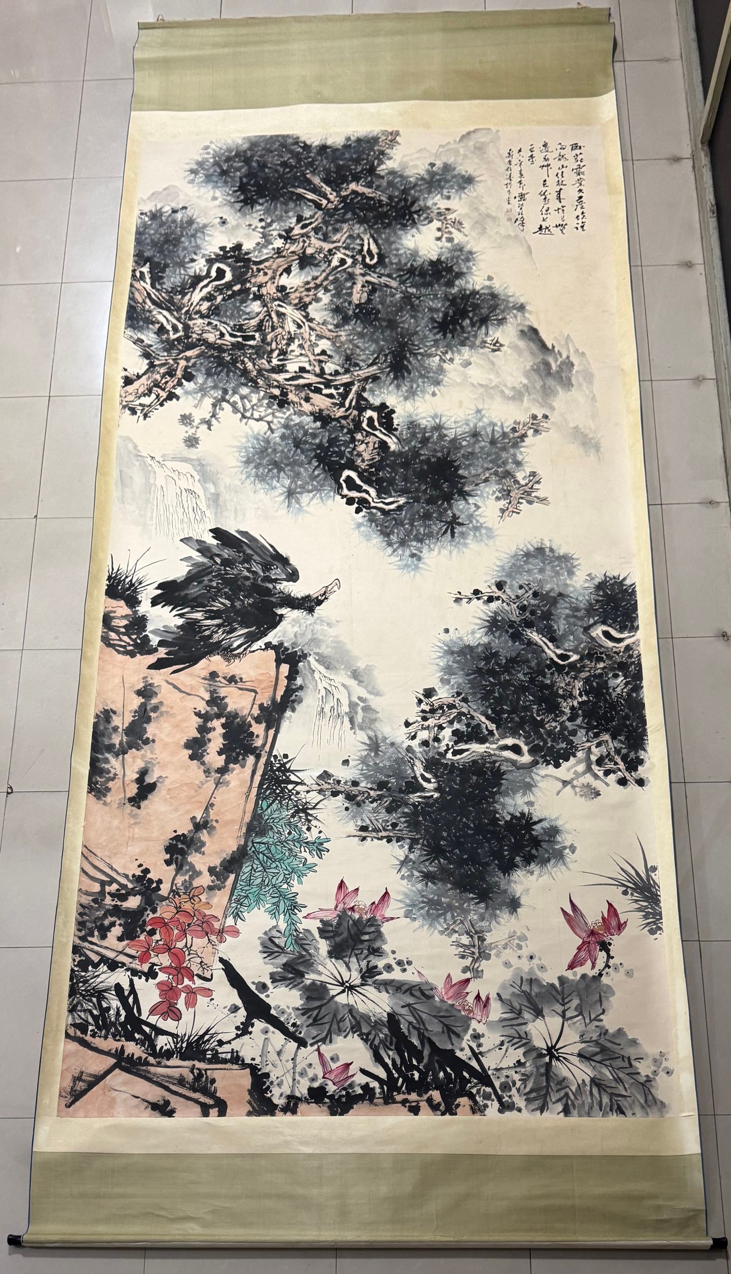 A Chinese Vertical Scroll Ink Painting of Pine and Eagle on Paper,Pan Tianshou: A Chinese Vertical Scroll Ink Painting of Pine and Eagle on Paper,Pan Tianshou,Size:78.7inx196.8in 一幅中国水墨松鹰图立轴,潘