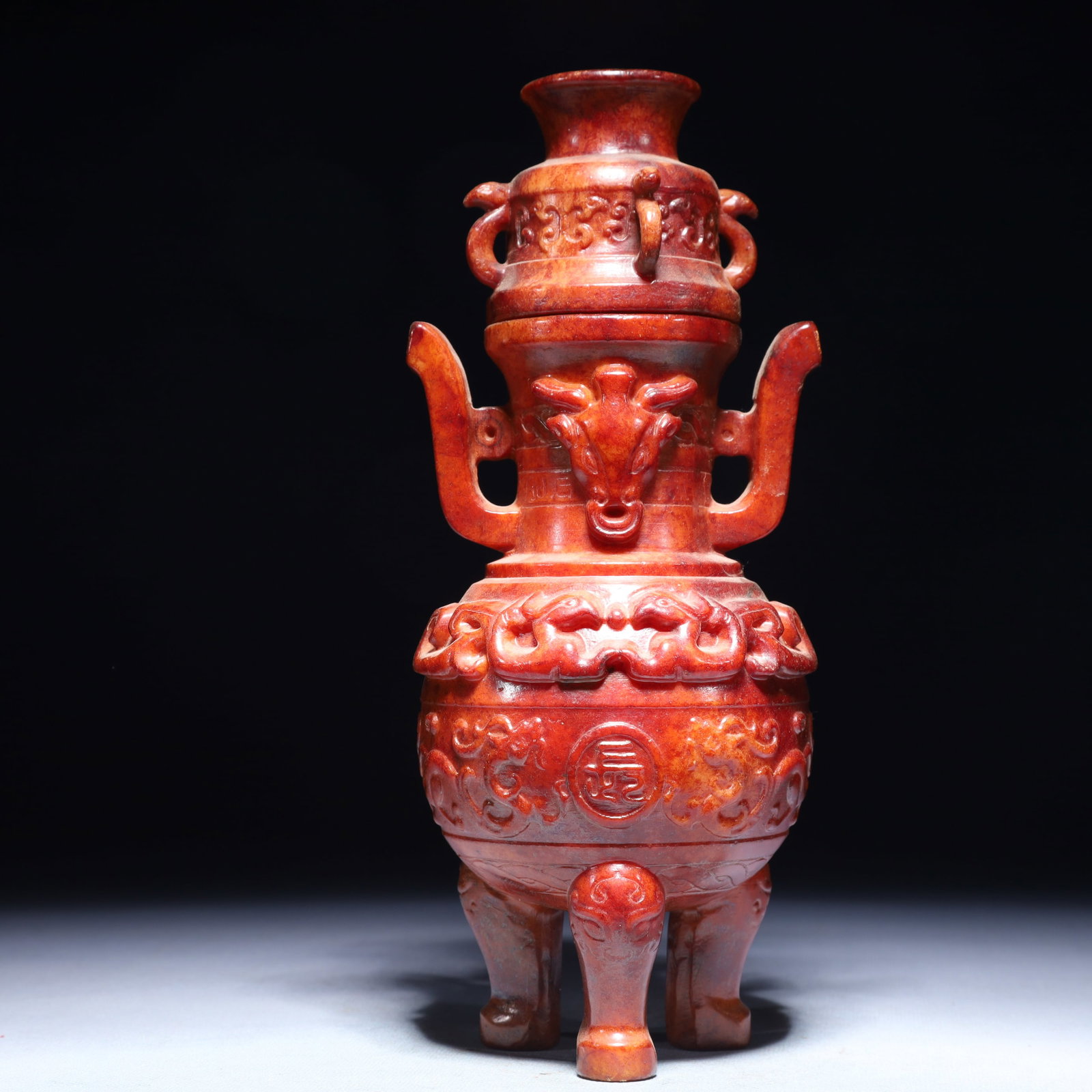 An Exquisite Archaic Jade Beast Pattern Double-Ears and Tripod Censer: An Exquisite Archaic Jade Beast Pattern Double-Ears and Tripod Censer,Ancient Time,China,Size:3.9inx9.4in,Weight:1700g 高古玉兽纹双耳三足香&