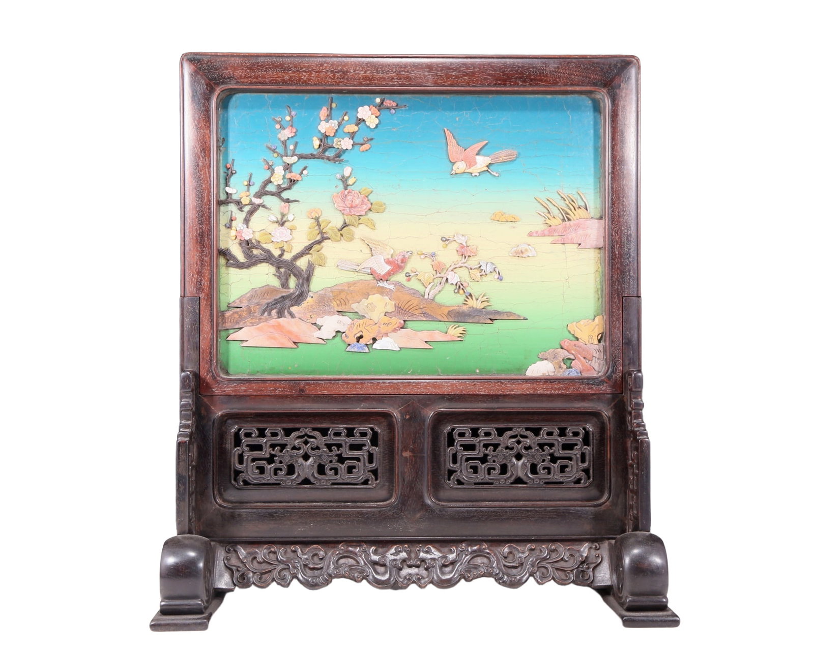 An exquisite zitanwood lacquered, gold-embedded, flower-and-bird pattern table screen (1 of 15)
