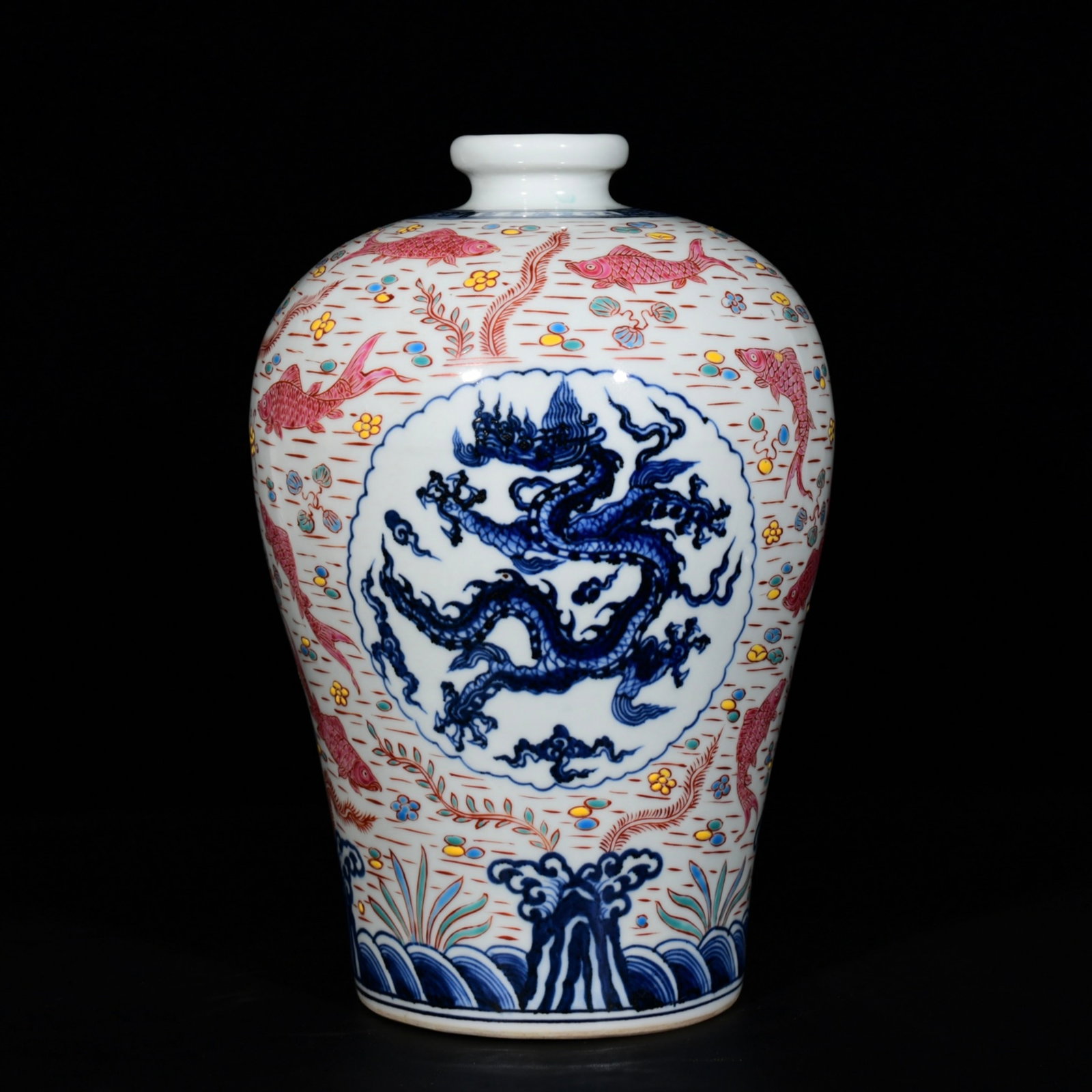 A Rare Blue and White Wucai Hornwort and Dragon Pattern Vase: A Rare Blue and White Wucai Hornwort and Dragon Pattern Vase,Ming Dynasty,China,Xuande Six-character Mark,Size:12.2inx7.9in 青花五彩鱼藻龙纹瓶,