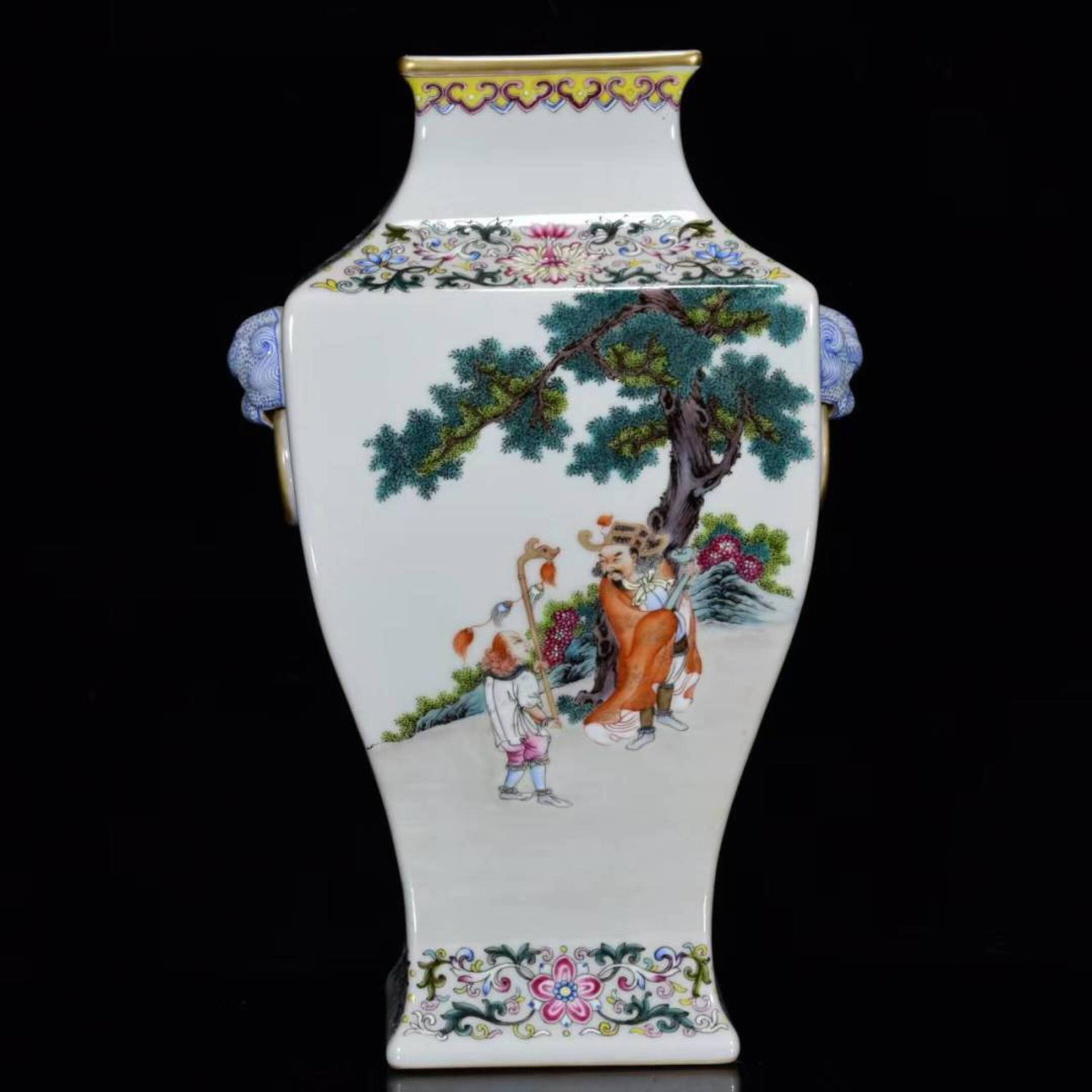 A Rare Guan yao Famille-Rose Character and Story Pattern Beast-Ears Vase: A Rare Guan yao Famille-Rose Character and Story Pattern Beast-Ears Vase,Qing Dynasty,China,Qianlong Six-character Mark,Size:13inx7.9in 官窑粉彩人物故事