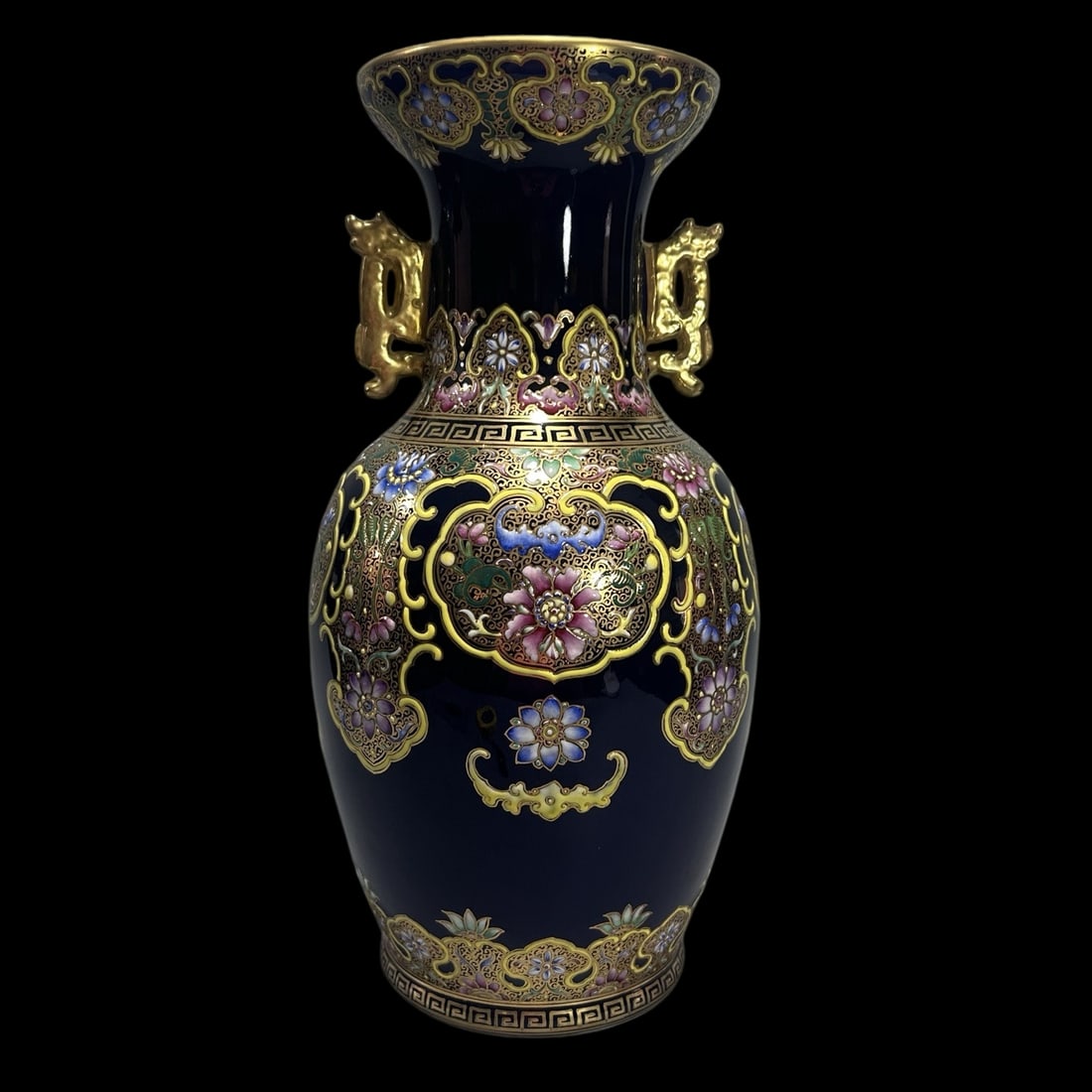 A Rare Ji Blue Glazed Famille-Rose Painted Gold Flower Pattern Double-Ears Vase: A Rare Ji Blue Glazed Famille-Rose Painted Gold Flower Pattern Double-Ears Vase,Qing Dynasty,China,Qianlong Four-character Mark,Size:5.3inx13.8in