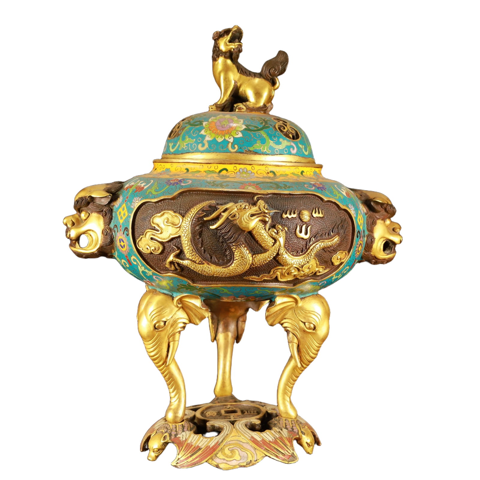 A Rare Cloisonne Lotus and Dragon Pattern Beast-Ears Elephant-Legs Censer: A Rare Cloisonne Lotus and Dragon Pattern Beast-Ears Elephant-Legs Censer,(A type of enamelware with metal wires separating colored glaze, originating in China),Qing Dynasty,China,Qianlong Six-charact