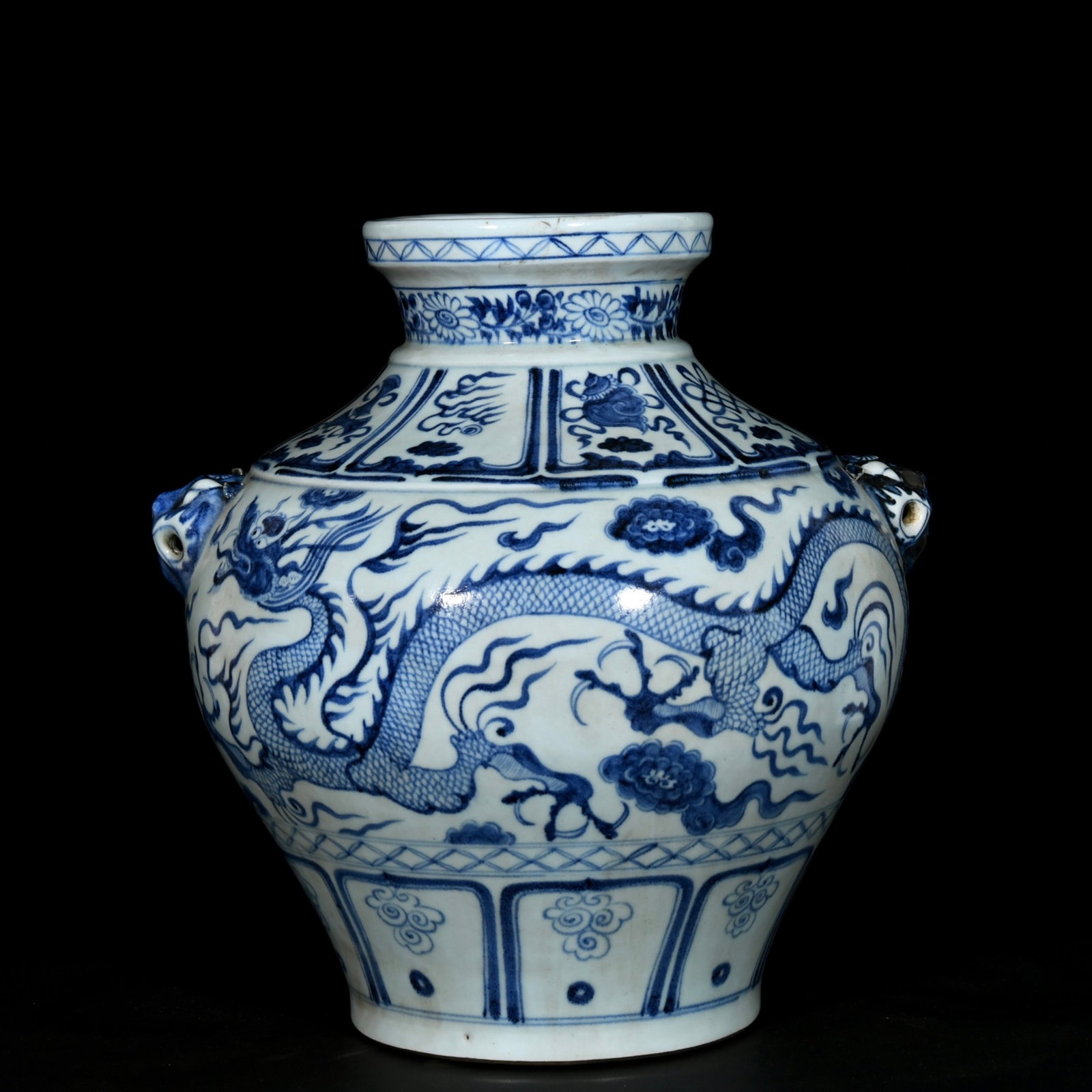 A Rare Blue and White Auspicious Cloud and Dragon Pattern Beast-Ears Jar: A Rare Blue and White Auspicious Cloud and Dragon Pattern Beast-Ears Jar,Yuan Dynasty,China,Size:14.2inx13.8in