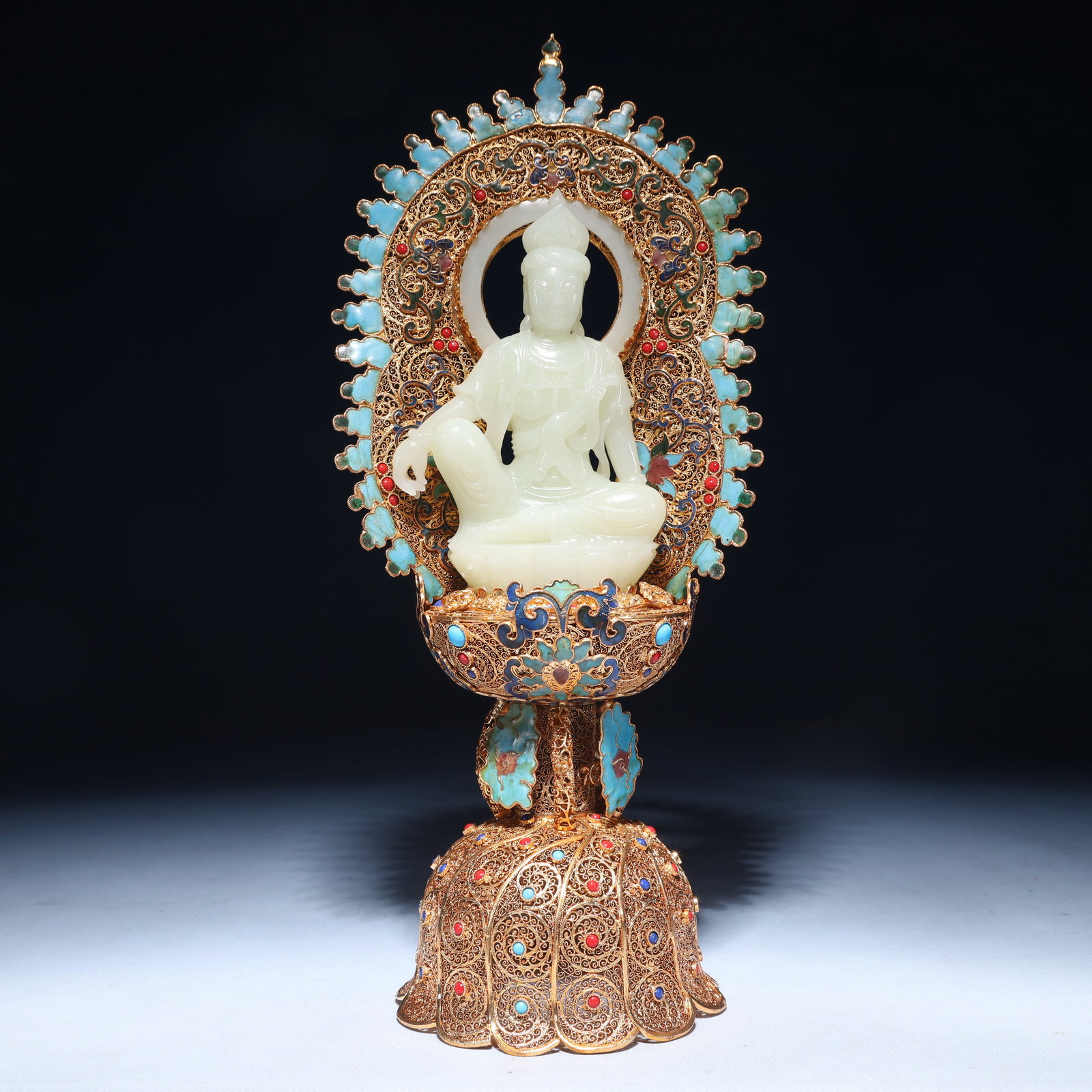 An Exquisite Filigree and Gilding Inlaid White Jade Buddha Statue, Inlaid Gems: An Exquisite Filigree and Gilding Inlaid White Jade Buddha Statue, Inlaid Gems, Qing Dynasty,China, Qianlong Four-character Mark, Size:6.7inx3.9inx14.6in,Weight:1200g