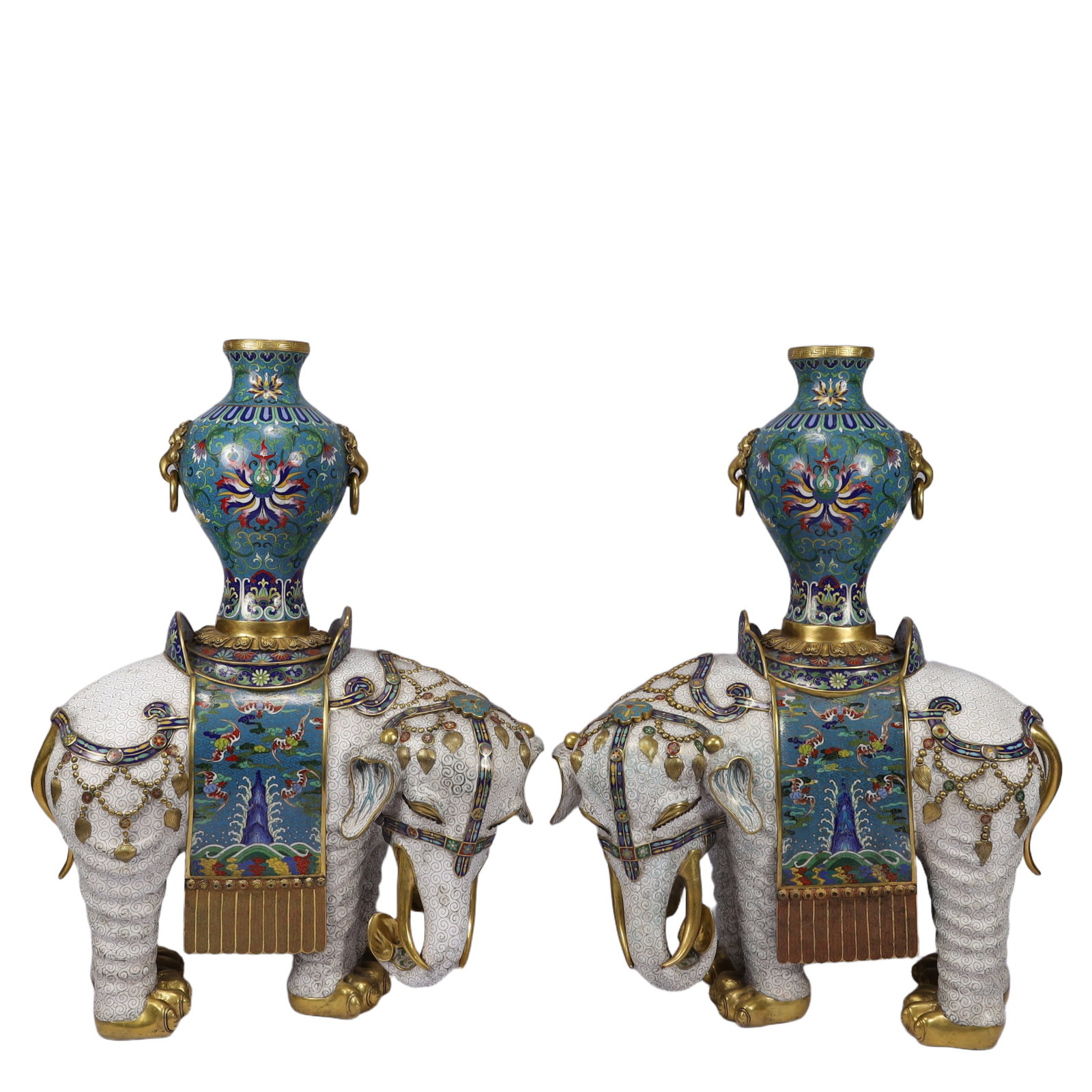 A Pair of Huge Cloisonne Lotus,Auspicious Cloud and Bats Pattern Beast-Ears Vases,With Elephant Base: A Pair of Huge Cloisonne Lotus,Auspicious Cloud and Bats Pattern Beast-Ears Vases,With Elephant Base,Qing Dynasty, China,Qianlong Four-character Mark,Size:18.9inx7.9inx25.2in,Weight:40000g 一