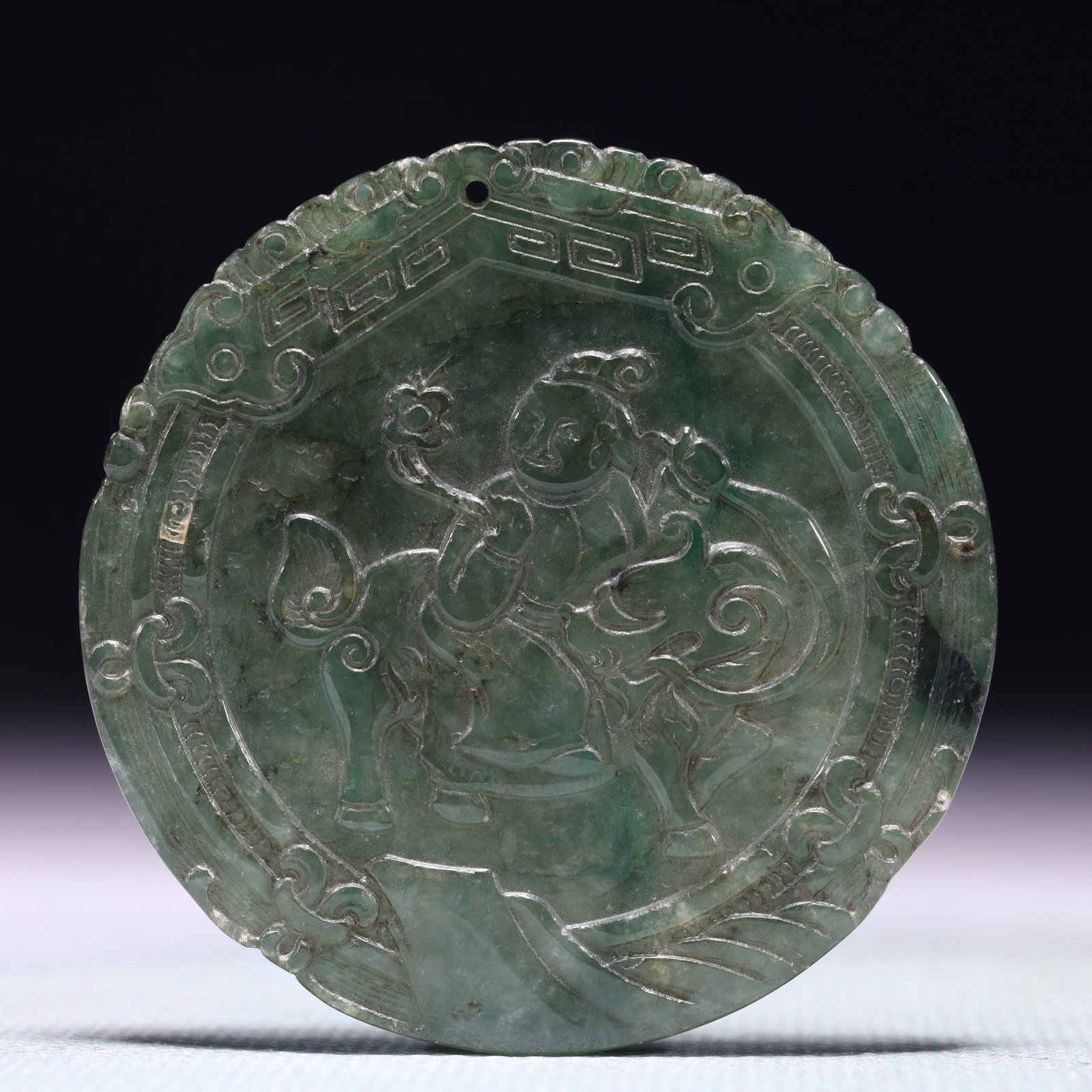 An Exquisite Jadeite Character and Story Pattern Pendant: An Exquisite Jadeite Character and Story Pattern Pendant,Qing Dynasty,China,Size:2inx0.2in,Weight:31.7g 翡翠人物故事纹佩,中国清代