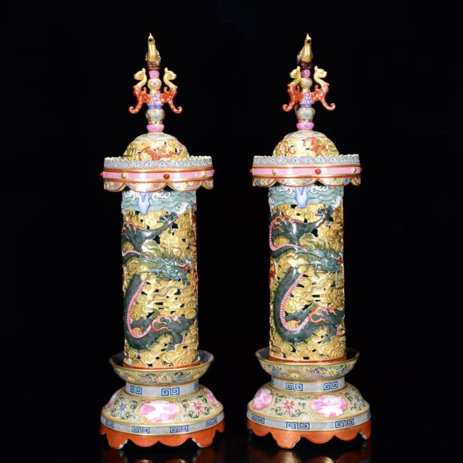 A Pair of Huge Enamel Gilt Auspicious Cloud and Dragon Pattern Censers: A Pair of Huge Enamel Gilt Auspicious Cloud and Dragon Pattern Censers,Qing Dynasty,China,Qianlong Four-character Mark,Size:22inx6.7in 一对珐琅彩鎏金祥&