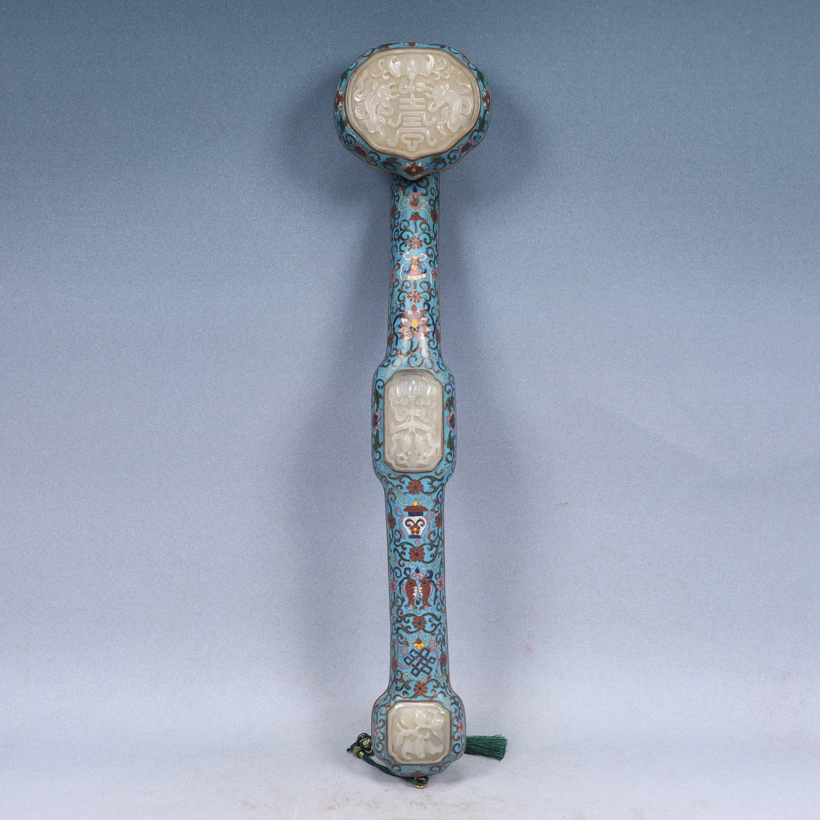 A Huge Cloisonne Inlaid White Jade Bats and Peach Pattern Ruyi: A Huge Cloisonne Inlaid White Jade Bats and Peach Pattern Ruyi,Qing Dynasty, China,Qianlong Six-character Mark,Size:3.9inx4.7inx20.9in,Weight:1450g 景泰蓝镶白玉