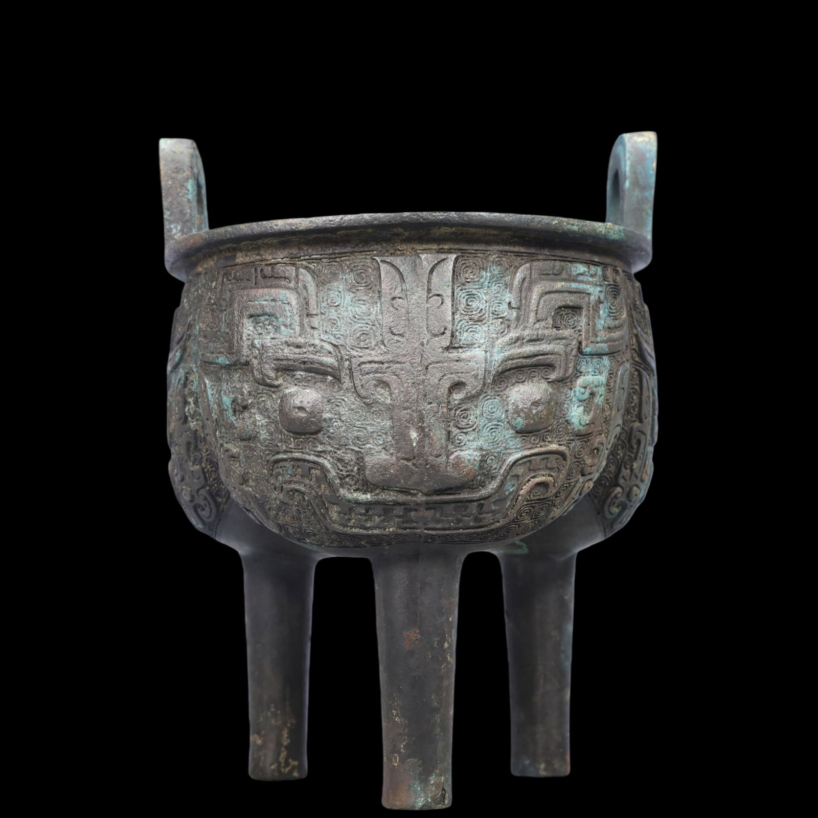 A Precious Bronze Beast-Face Pattern Double-Ears and Tripod Censer: A Precious Bronze Beast-Face Pattern Double-Ears and Tripod Censer,Ancient Time, China,Size:7.5inx9.8in ;Weight:2950g 青铜兽面纹双耳三足香&#