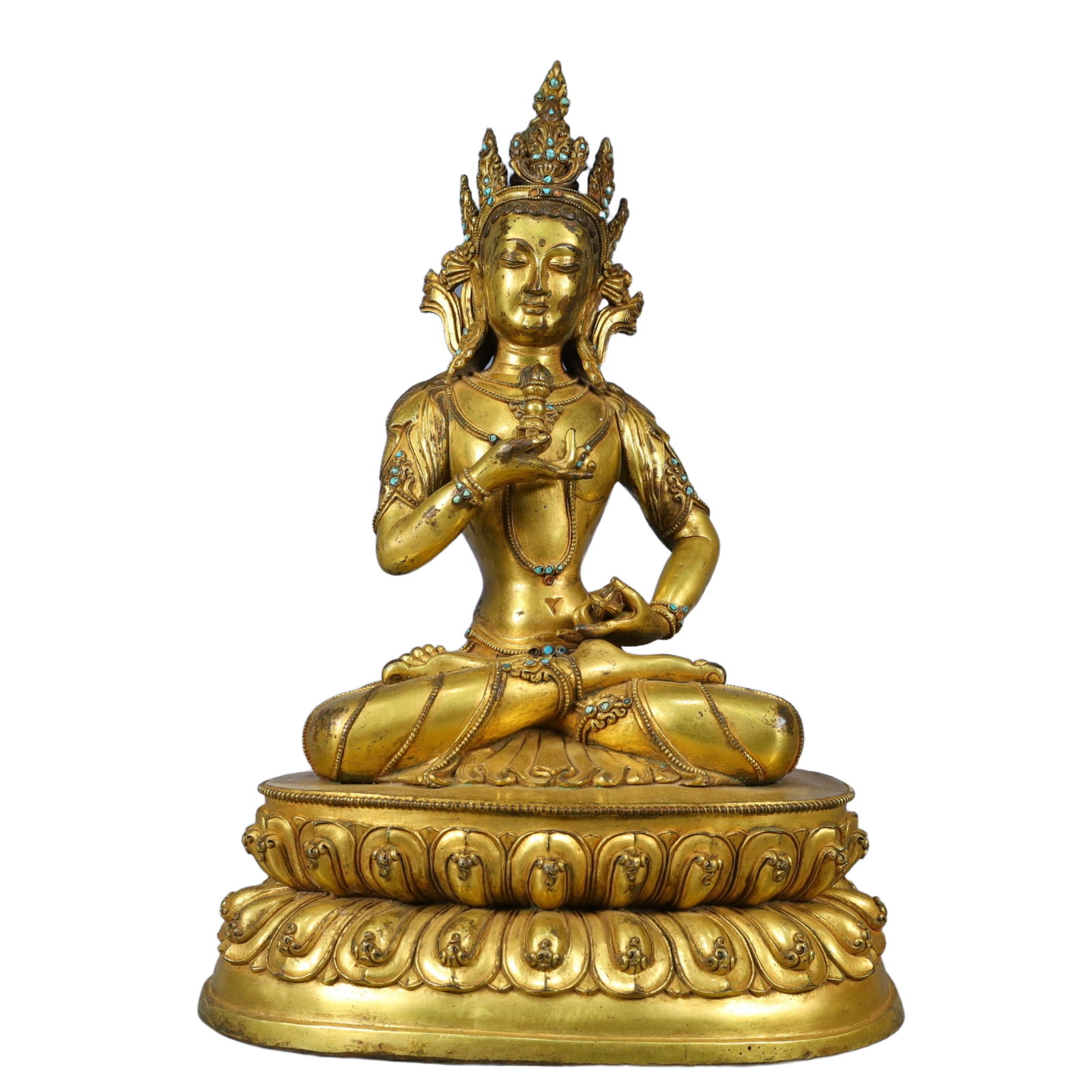 A Solemn Gilt Bronze Statue of Vajra,Inlaid Turquoise: A Solemn Gilt Bronze Statue of Vajra,Inlaid Turquoise,Qing Dynasty, China,Size:11inx8.3inx16.1in,Weight:6250g