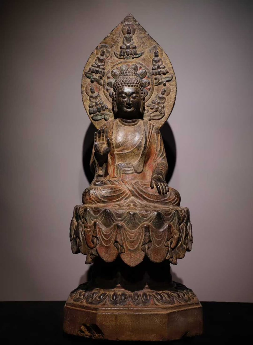 A Solemn Limestone Painted Color Statue of Sakyamuni: A Solemn Limestone Painted Color Statue of Sakyamuni,Tang Dynasty,China,Size:36.2inx15.7inx15.4in 青石彩绘释迦摩尼像,中国唐É
