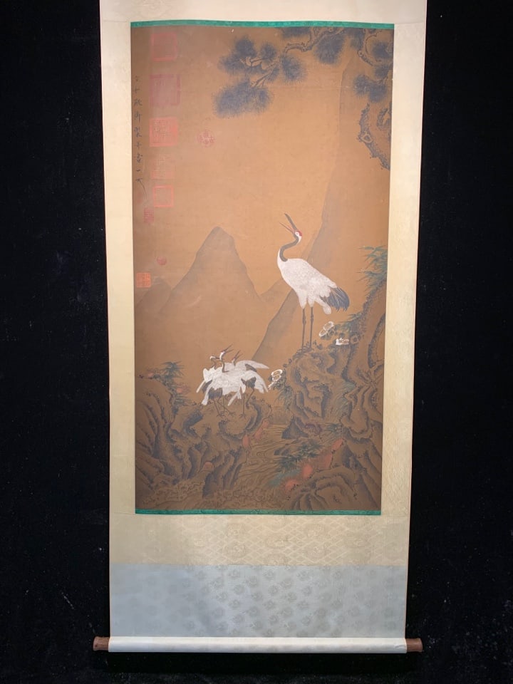 A Chinese Vertical Scroll Ink Painting of Pine and Crane on Silk,Zhao Ji (1 of 9)
