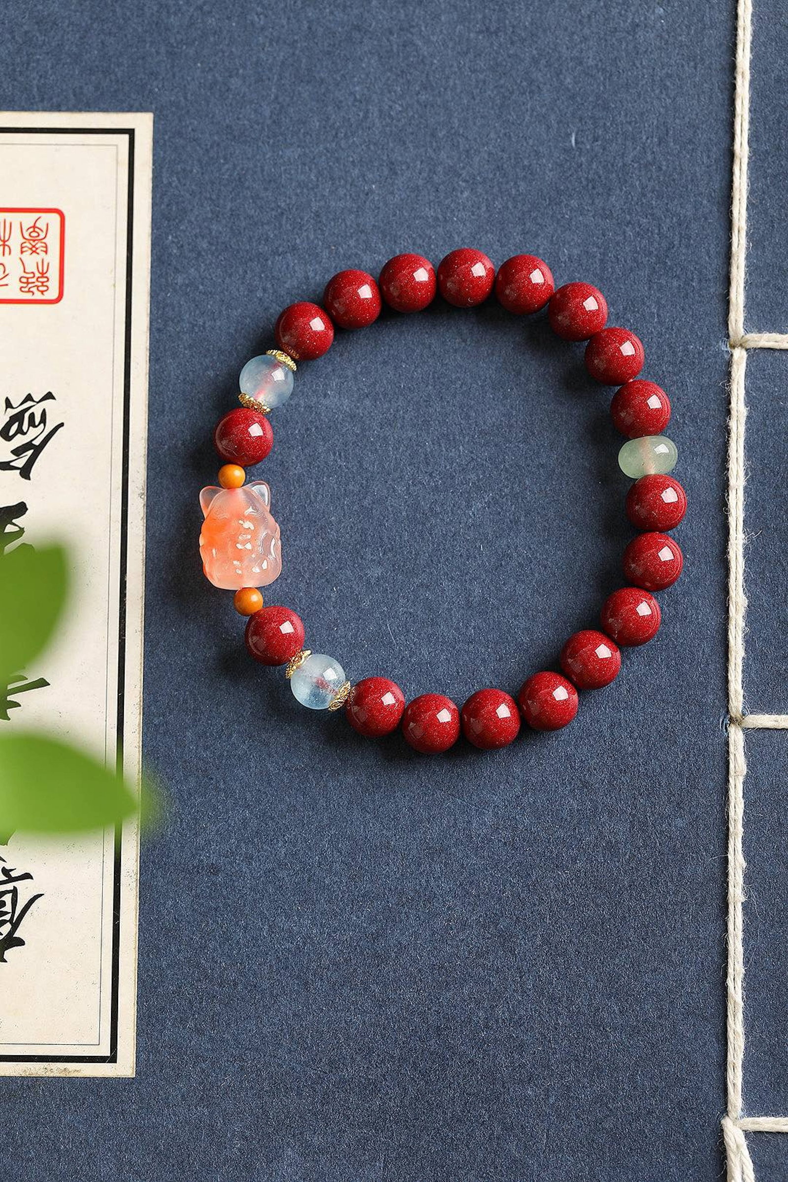 An Exquisite Cinnabar Bracelets,With Aquamarine: An Exquisite Cinnabar Bracelets,With Aquamarine,Size:8mm 朱砂手串,配海蓝宝