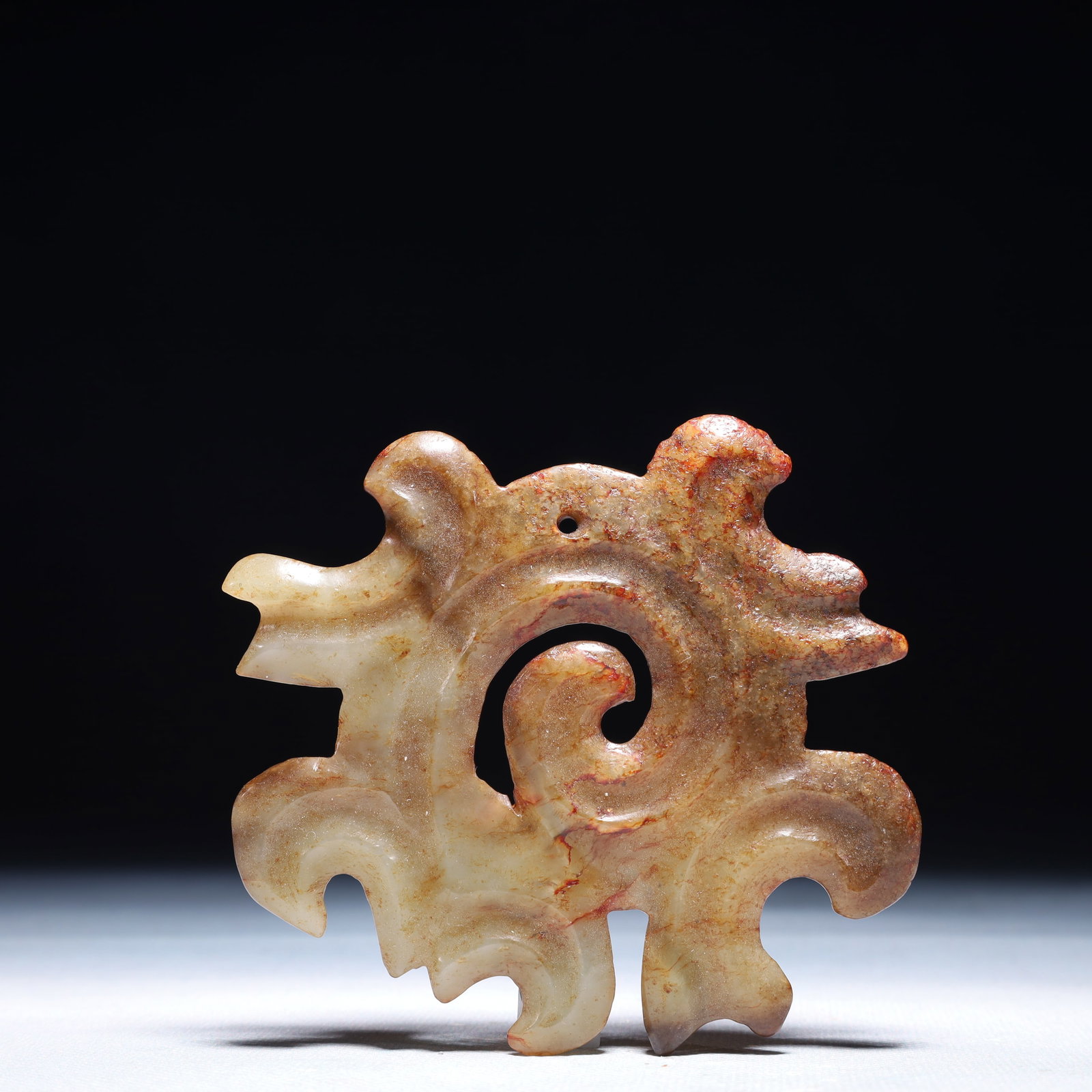 An Archaic Hongshan Culture White Jade Auspicious Cloud Pattern Pendant: An Archaic Hongshan Culture White Jade Auspicious Cloud Pattern Pendant,Ancient Time,China,Size:3.7inx3.3in,Weight:70g 红山文化白玉祥云纹挂&