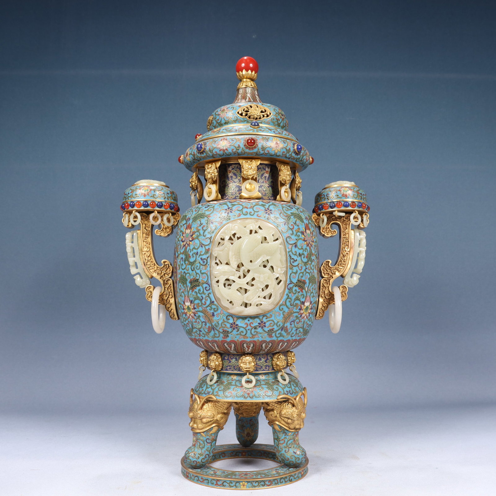 A Huge Cloisonne Inlaid White Jade Flower and Bird Pattern Double-Ears and Tripod Censer,Inlaid Gems: A Huge Cloisonne Inlaid White Jade Flower and Bird Pattern Double-Ears and Tripod Censer,Inlaid Gems,Qing Dynasty, China,Qianlong Six-character Mark,Size:12.2inx6.7inx21.7in,Weight:5950g 景Ė