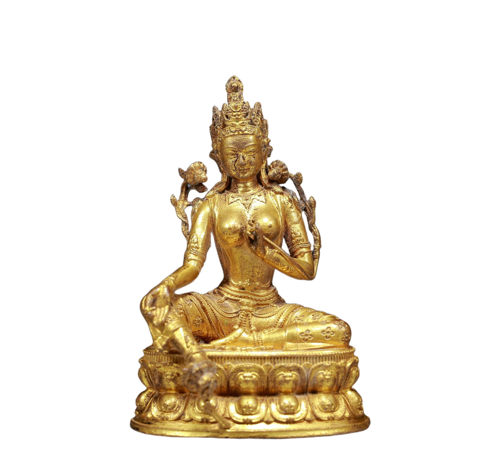 A Solemn Gilt Bronze Statue of Tara: A Solemn Gilt Bronze Statue of Tara,Ming Dynasty, China,Size:2.8inx3inx3.9in,Weight:370g 铜鎏金度母像，明代
