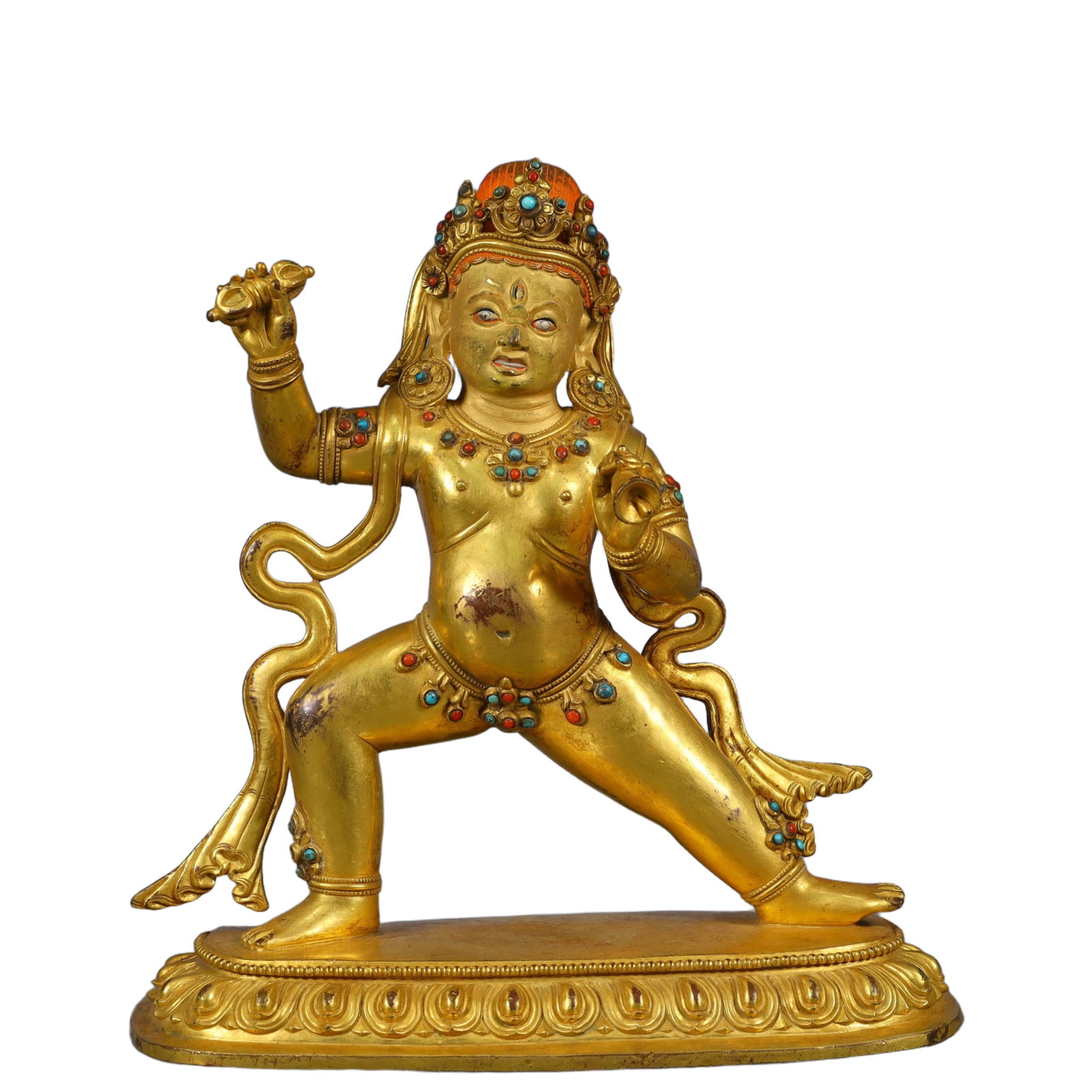 A Solemn Gilt Bronze Statue of Vajra,Inlaid Gems and Turquoise: A Solemn Gilt Bronze Statue of Vajra,Inlaid Gems and Turquoise,Qing Dynasty, China,Size:8.7inx3.1inx9.1in,Weight:2350g 铜鎏金金刚像,嵌宝石绿