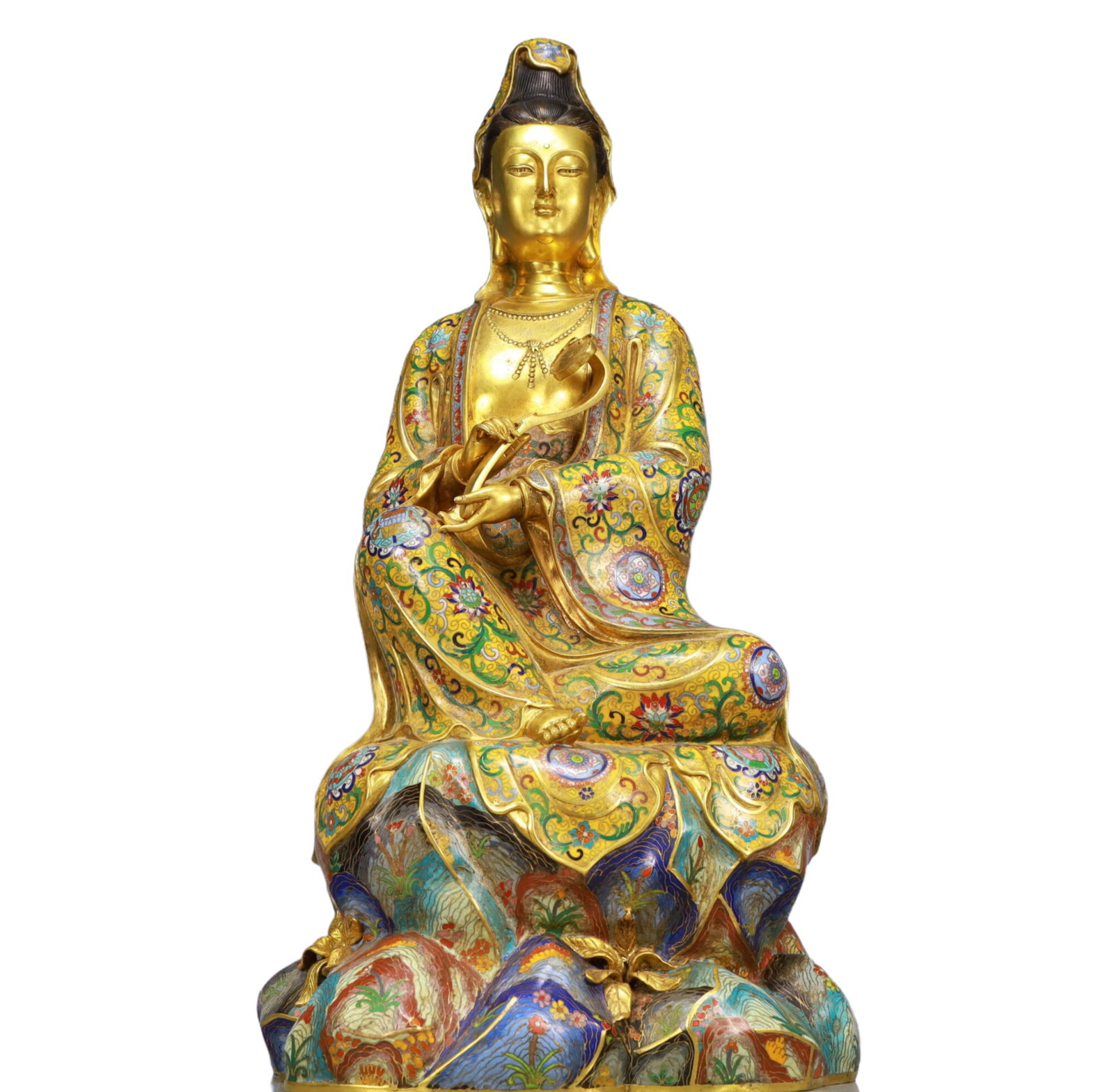 A Huge Cloisonne Lotus Pattern Statue of Avalokitesvara: A Huge Cloisonne Lotus Pattern Statue of Avalokitesvara, Ming Dynasty, China, Yongle Six-character Mark, Size:13inx9.1inx27.2in, Weight:18400g 景泰蓝缠枝莲纹&