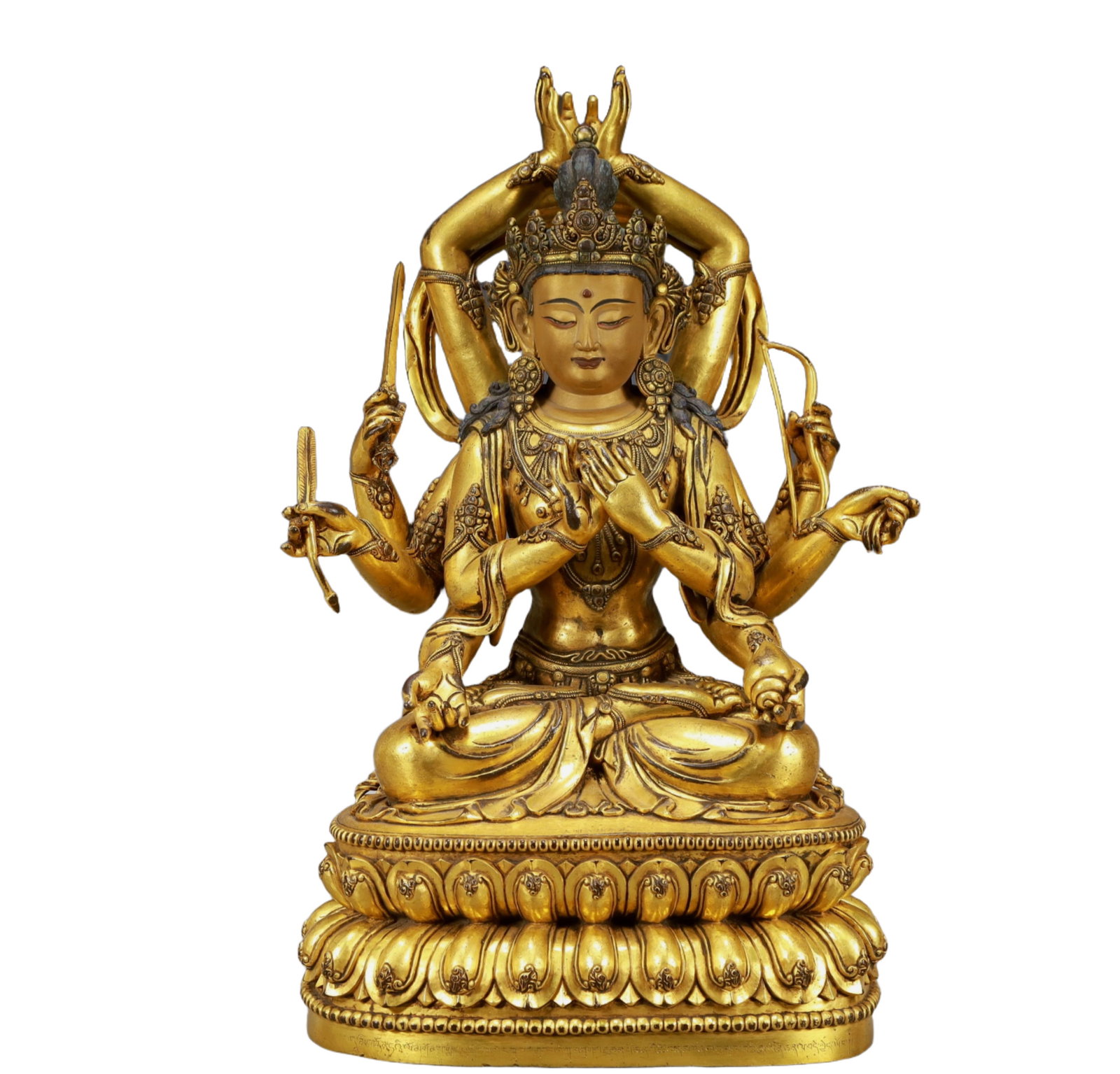 A Solemn Gilt Bronze Statue of Ten-Armed Guanyin: A Solemn Gilt Bronze Statue of Ten-Armed Guanyin,Ming Dynasty, China,Xuande Six-character Mark,Size:11.8inx8.7inx20.1in,Weight:19950g